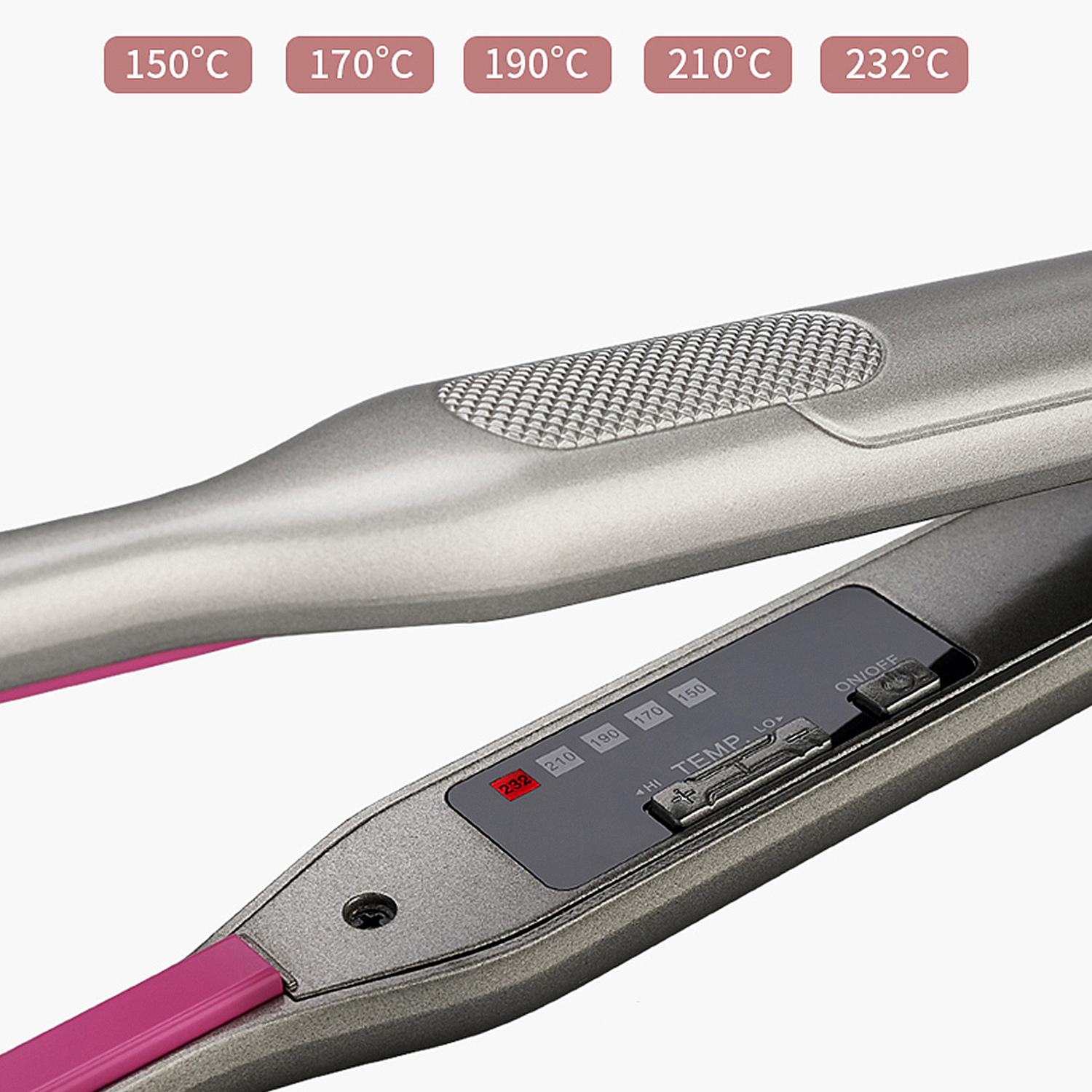 Piastra per capelli con impostazioni della temperatura. Temperature da 150°C a 232°C visualizzate.