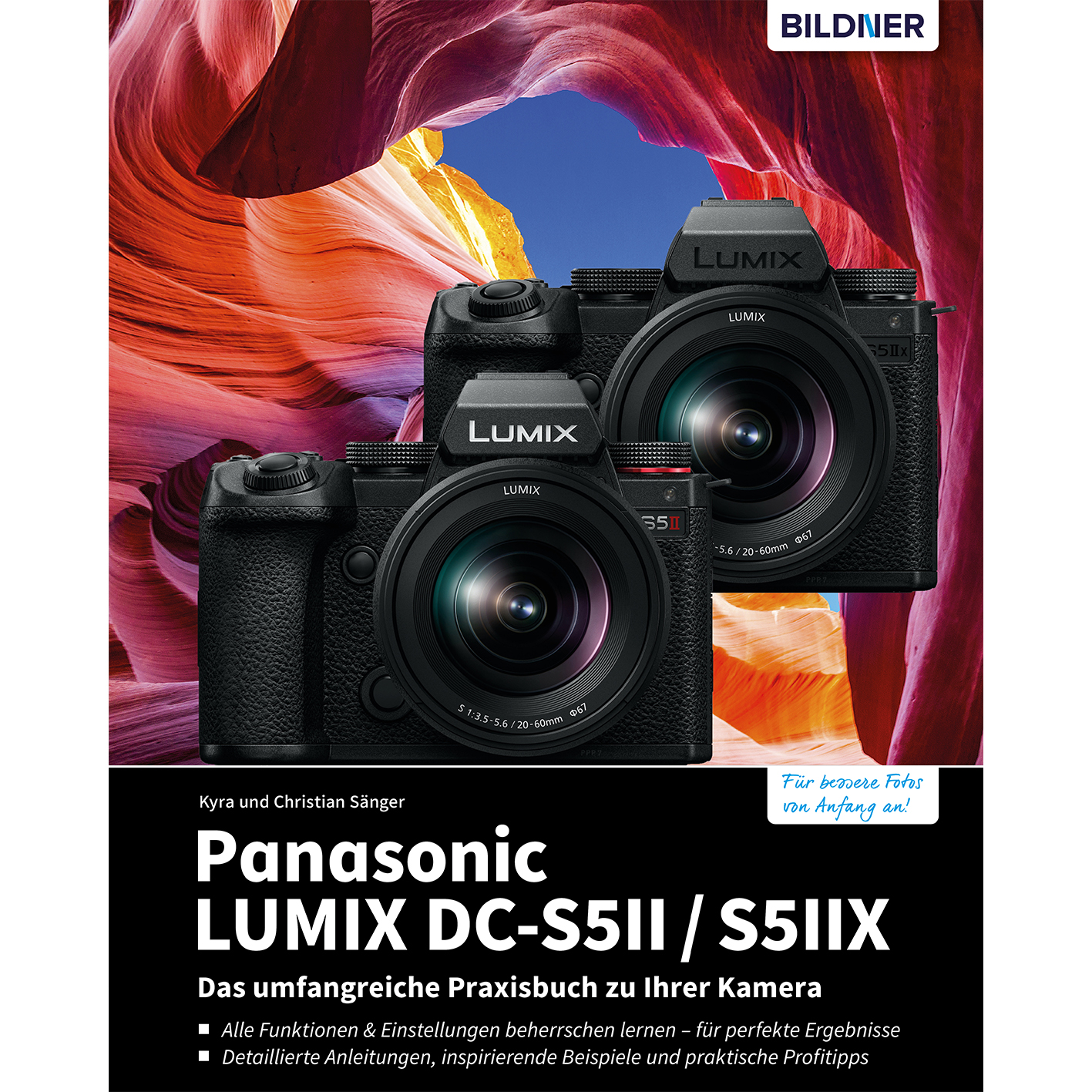 Ein Buchcover mit Panasonic LUMIX DC-S5II / S5IIX Kameras und einer Landschaftsszene.