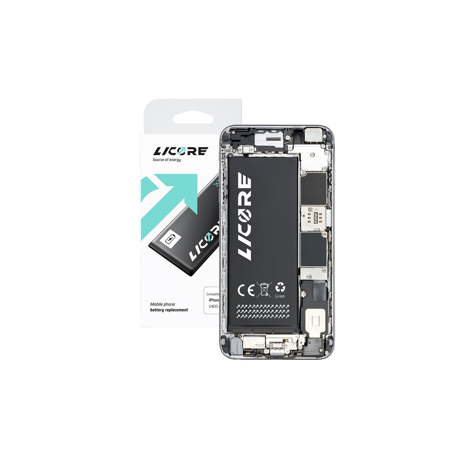 Ersatzkit für Handy-Akku. Ein Telefon ohne Akku, neuer Akku und Verpackung werden gezeigt.