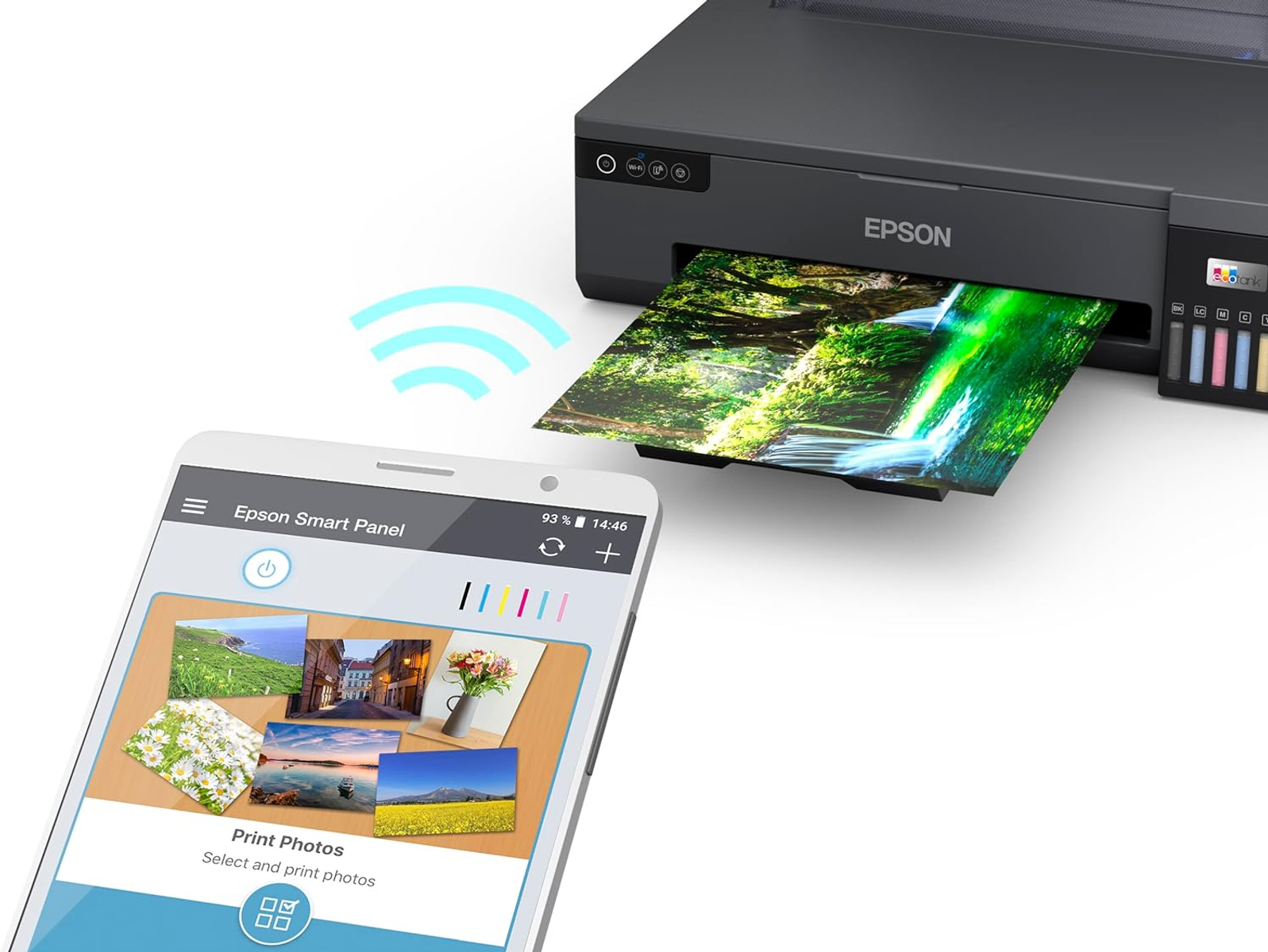Smartfon z aplikacją Epson Smart Panel kontrolujący drukarkę drukującą zdjęcie.