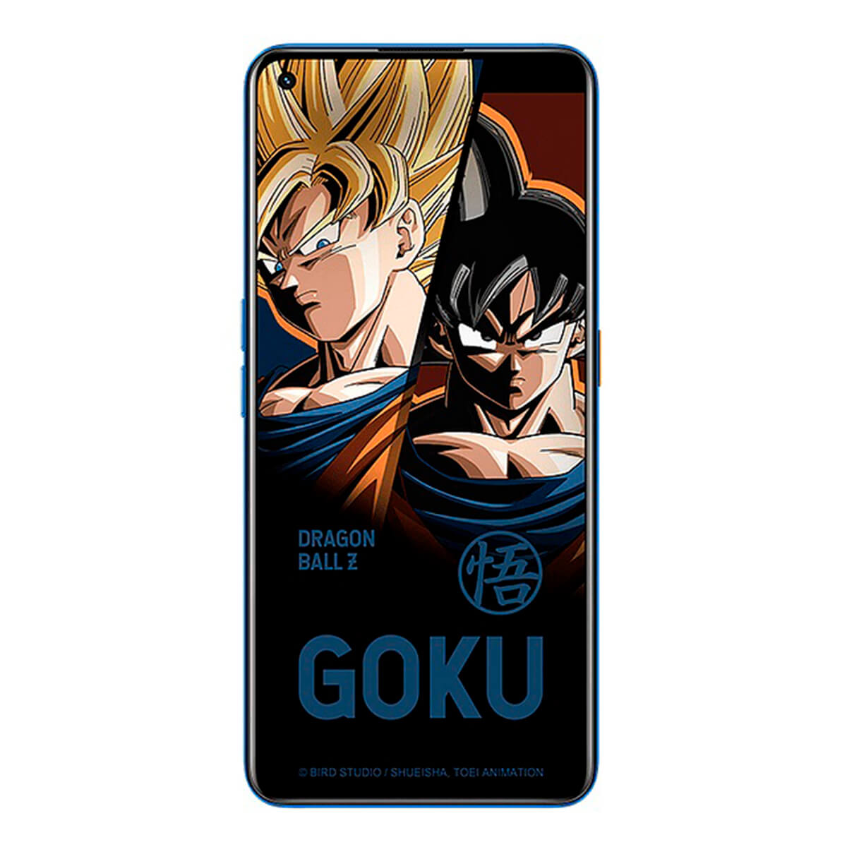 Telefonbildschirm mit Goku und Gohan aus Dragon Ball Z. Blauer Rahmen, schwarzer Hintergrund.