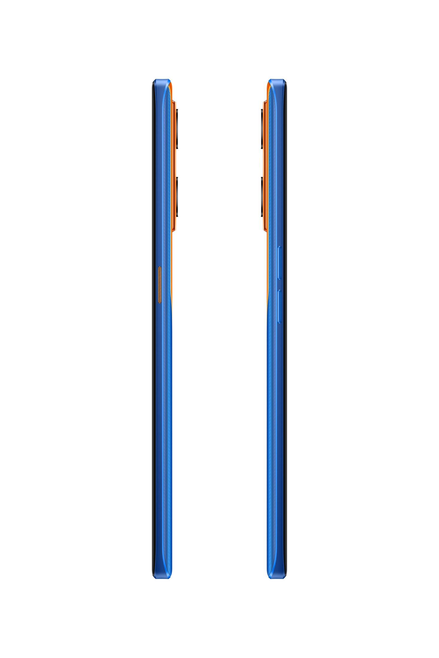 Zwei Telefone, Seitenansicht. Blauer Körper, orangefarbene Knöpfe. Weißer Hintergrund.