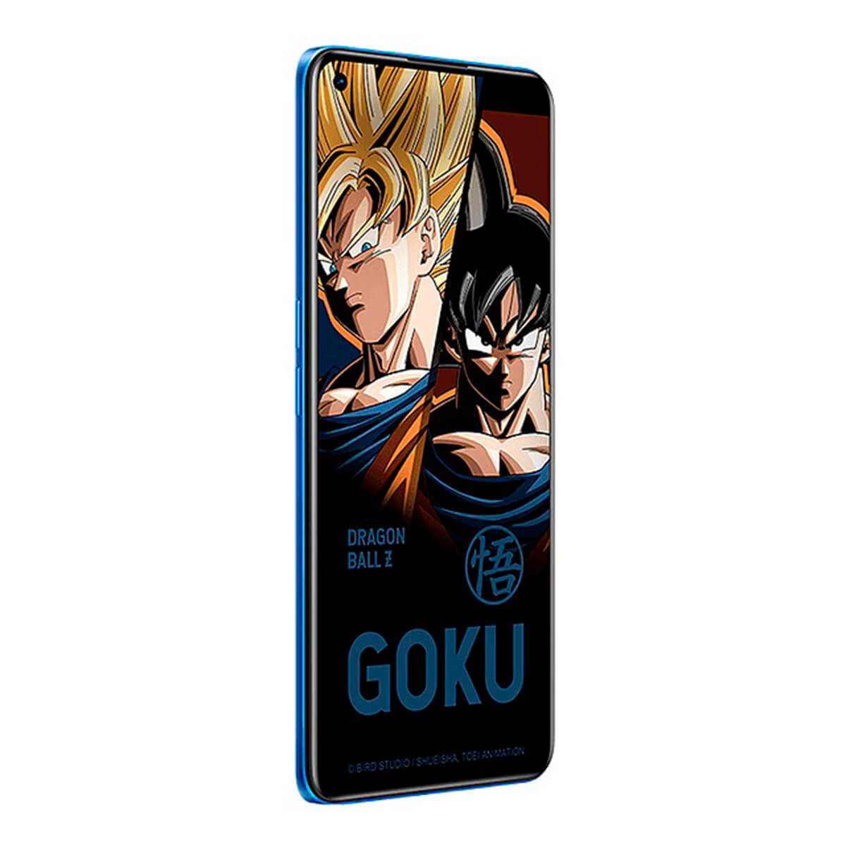 Smartphone mit Dragon Ball Z-Bild. Mit Goku und Goku in einem blauen Handy-Case.