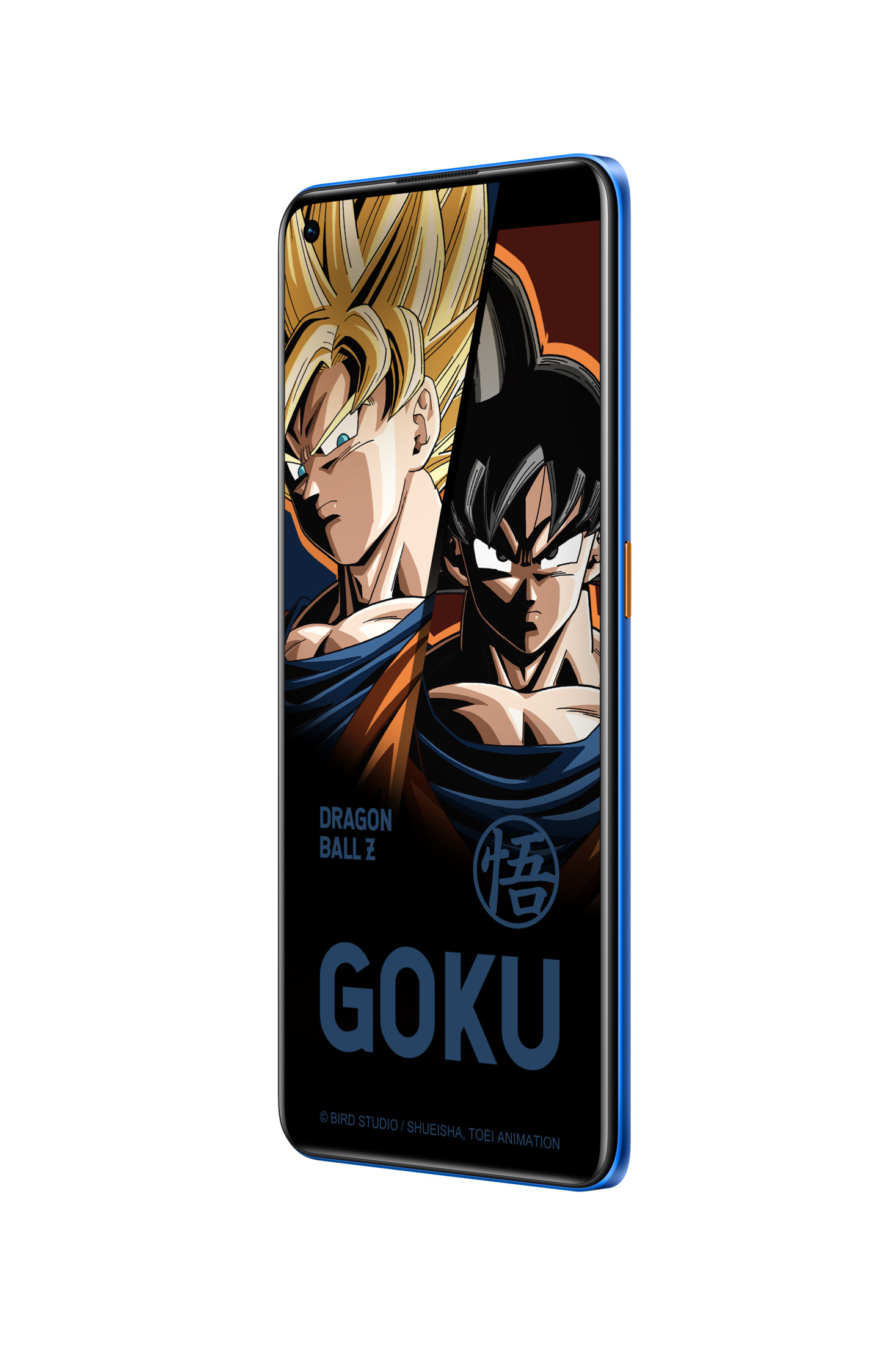 Blaues Smartphone mit Dragon Ball Z Goku-Charakteren auf dem Bildschirm, weißer Hintergrund, vertikale Ansicht.
