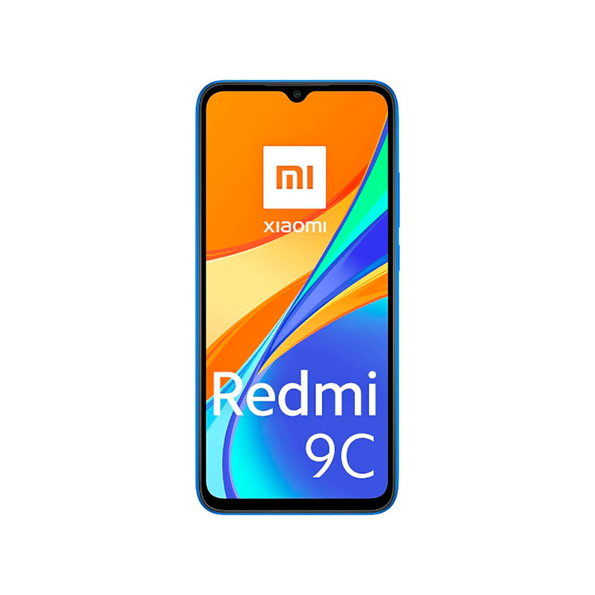 Xiaomi Redmi 9C Telefon Vorderansicht. Blauer Rahmen, orange-blaues Display, Xiaomi-Logo.