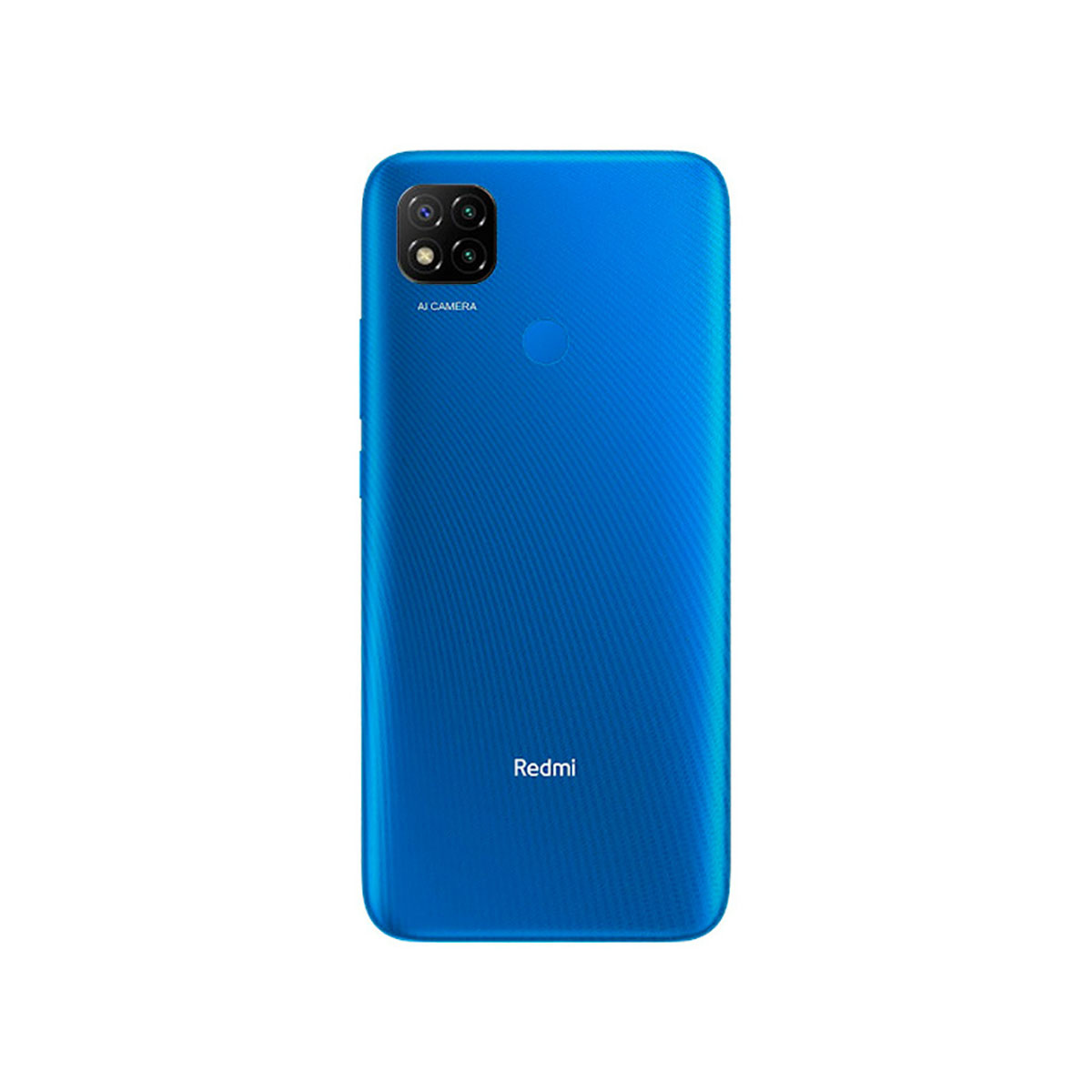 Ein blaues Redmi-Smartphone, Rückansicht, mit Quad-Kamera-Setup.