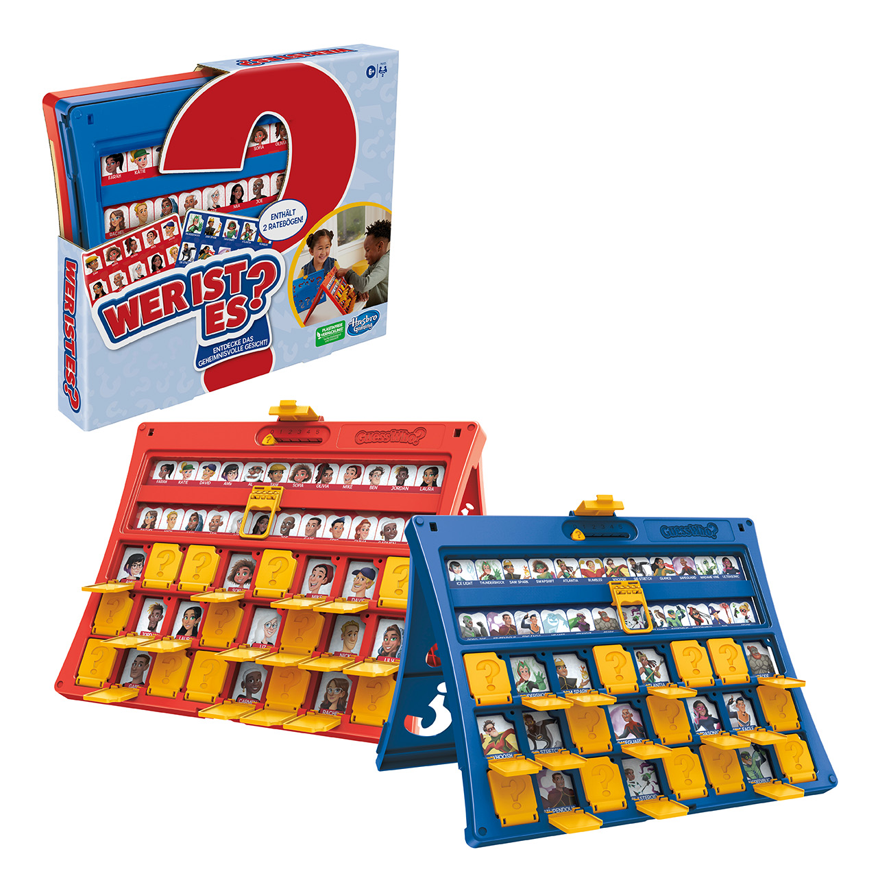 Due tabelloni del gioco 'Indovina chi?'. Un tabellone rosso e uno blu. Scatola mostra il gioco e bambini che giocano.