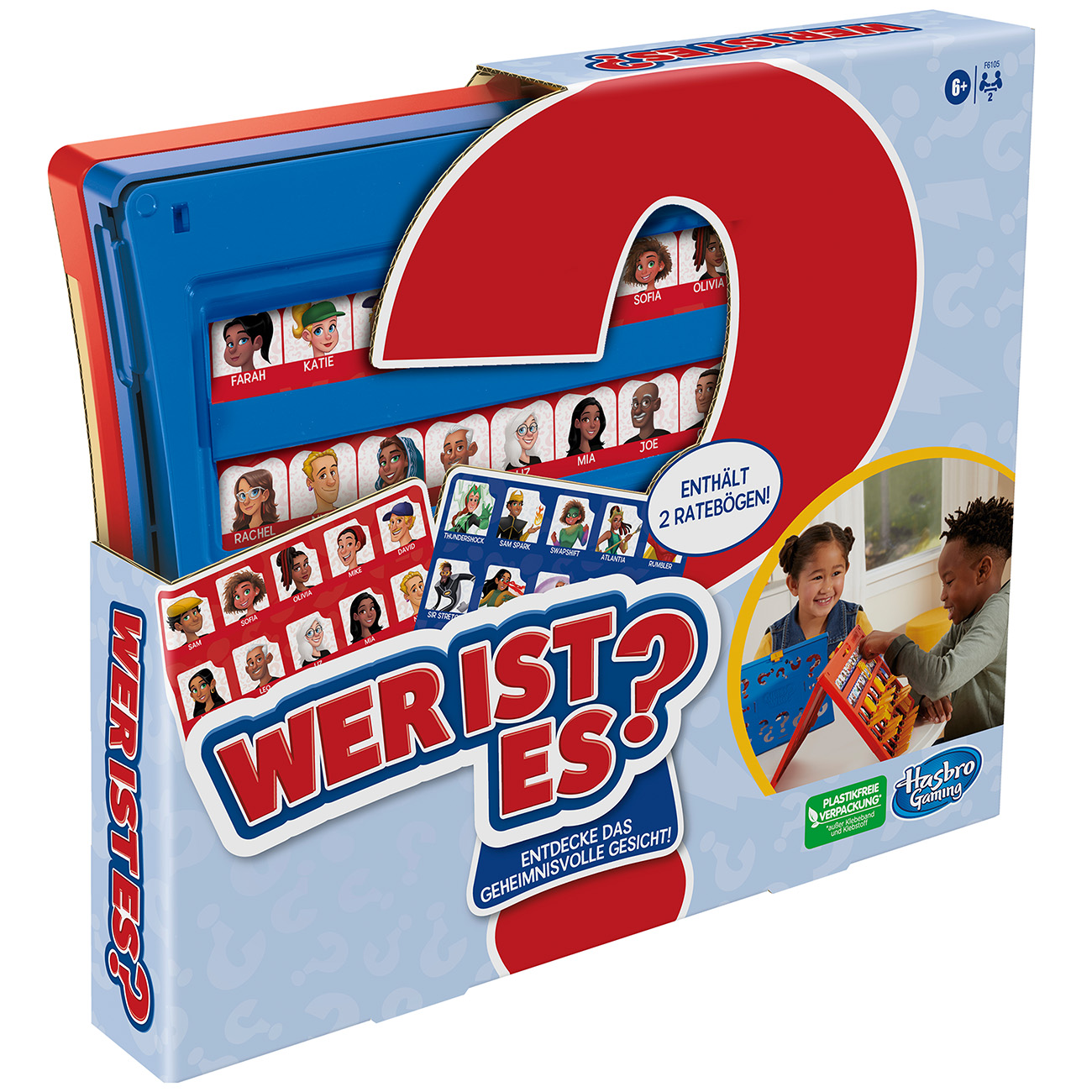 Un gioco da tavolo in scatola con l'etichetta 'WER IST ES?' con carte da gioco e due bambini che giocano.