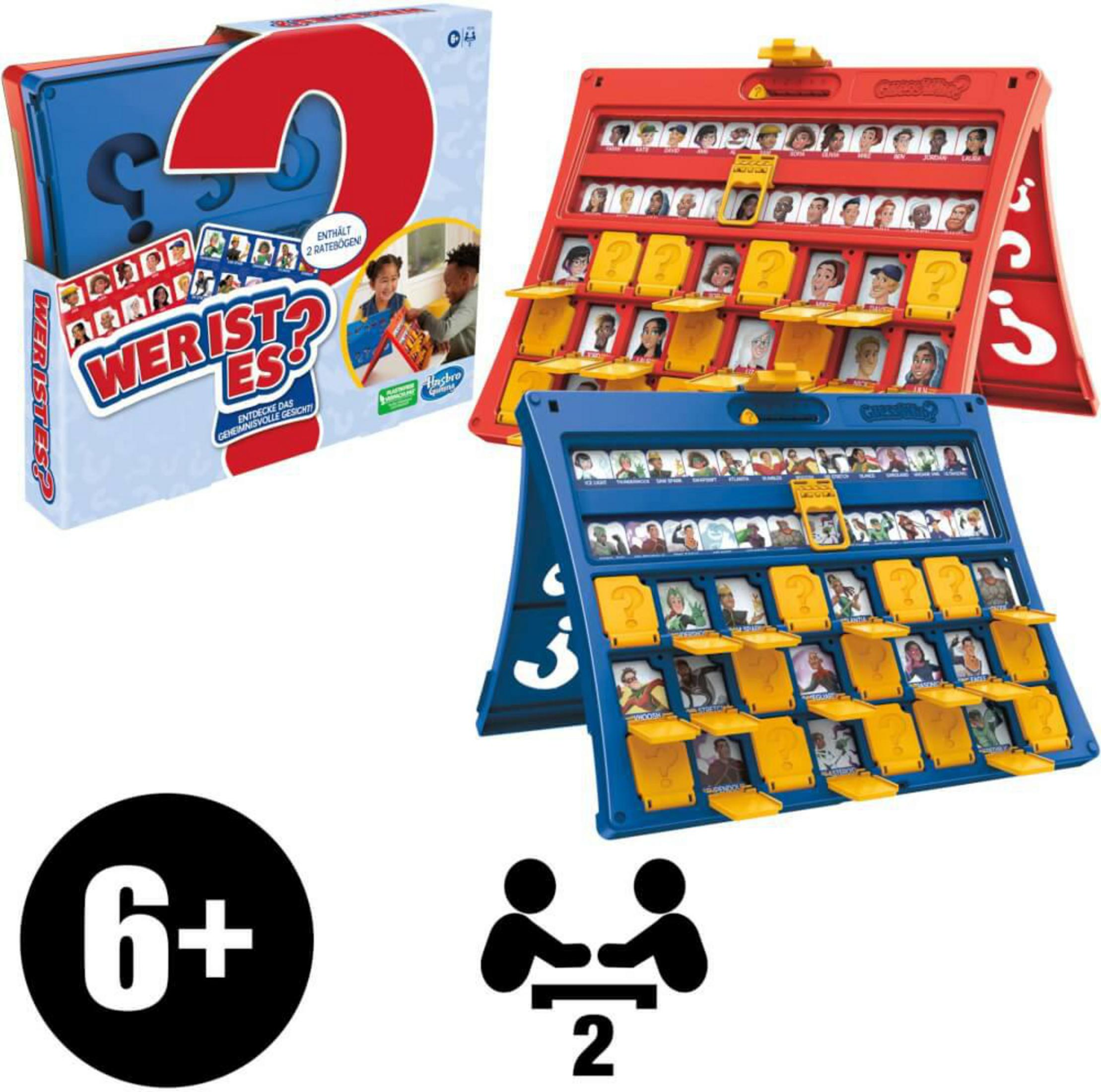 Gioco da tavolo Indovina Chi?, scatola e simboli per 6+ e 2 giocatori.