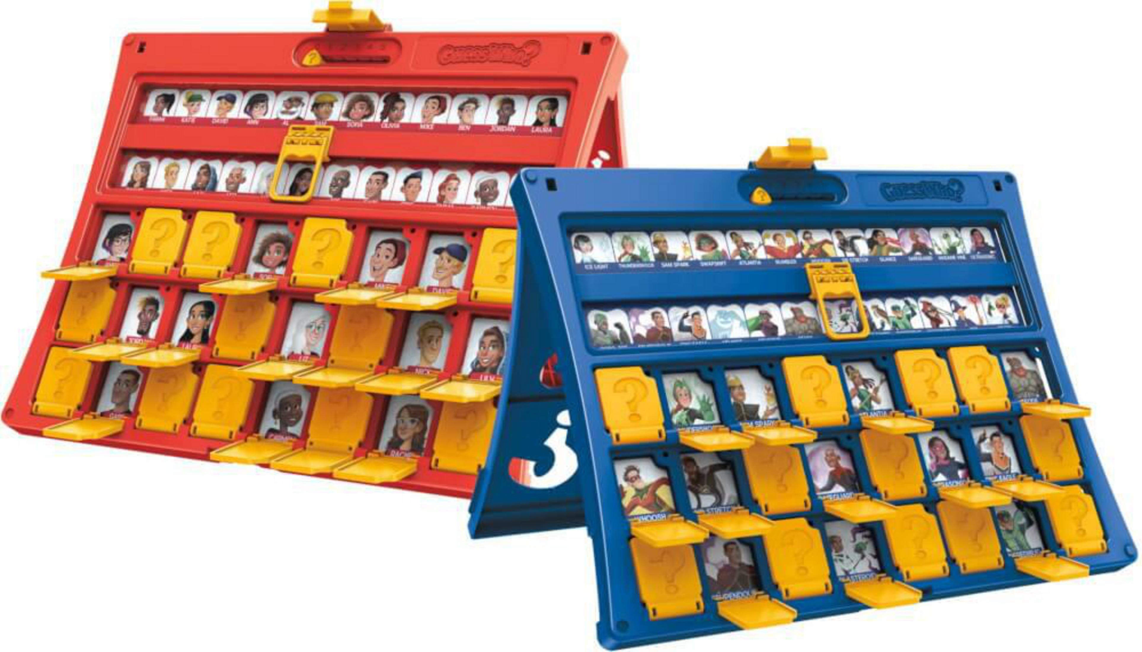 Due giochi Indovina Chi?, rosso e blu. Ognuno ha facce e punti interrogativi. Il rosso è aperto.
