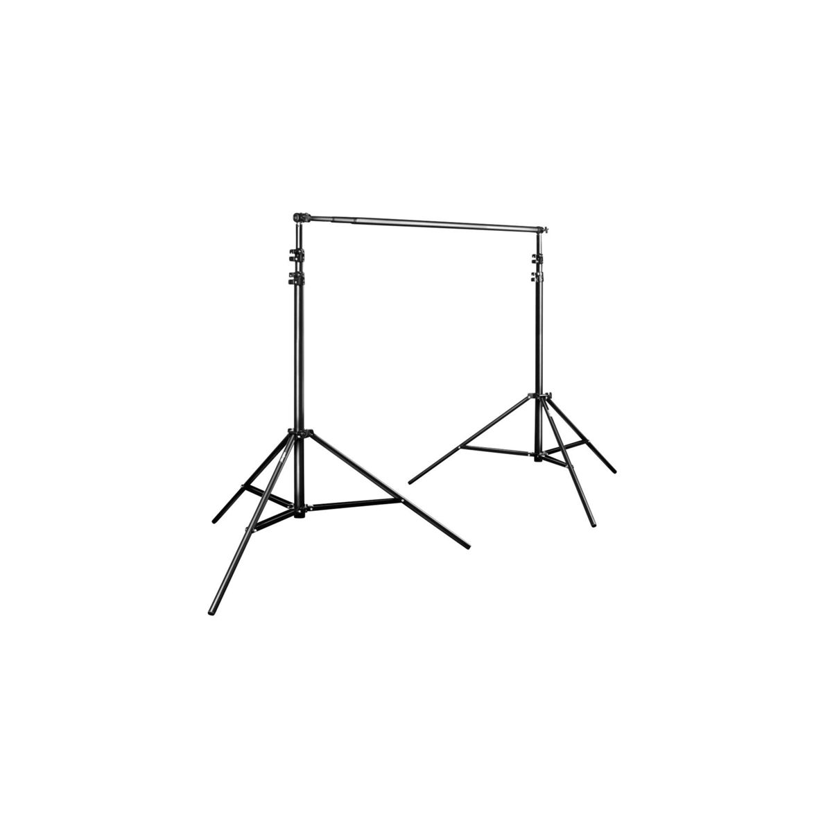 Un soporte de fondo fotográfico de metal negro. Consta de dos soportes y una barra horizontal.