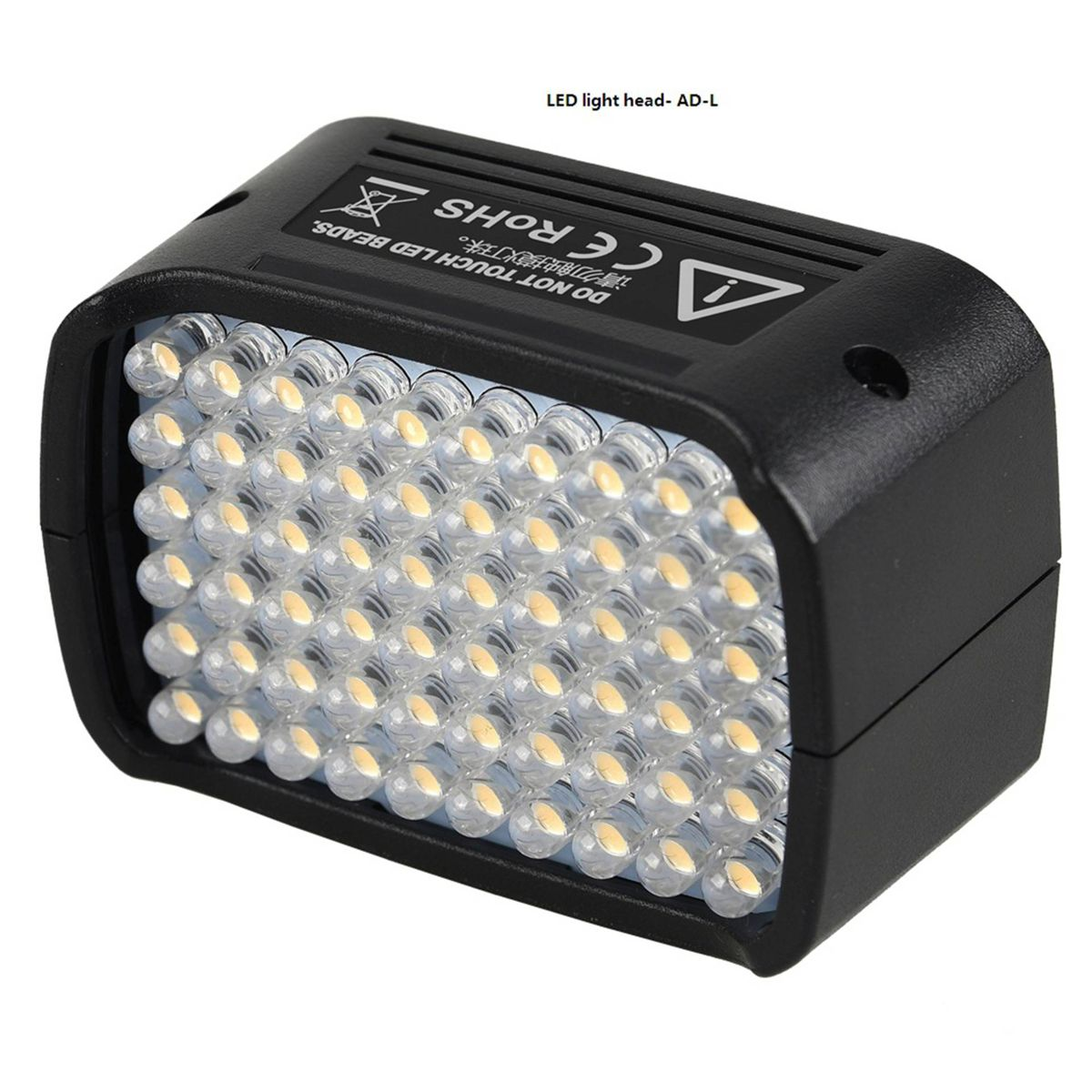 Testa luce LED nera con numerosi LED piccoli e marchio CE sulla parte superiore.