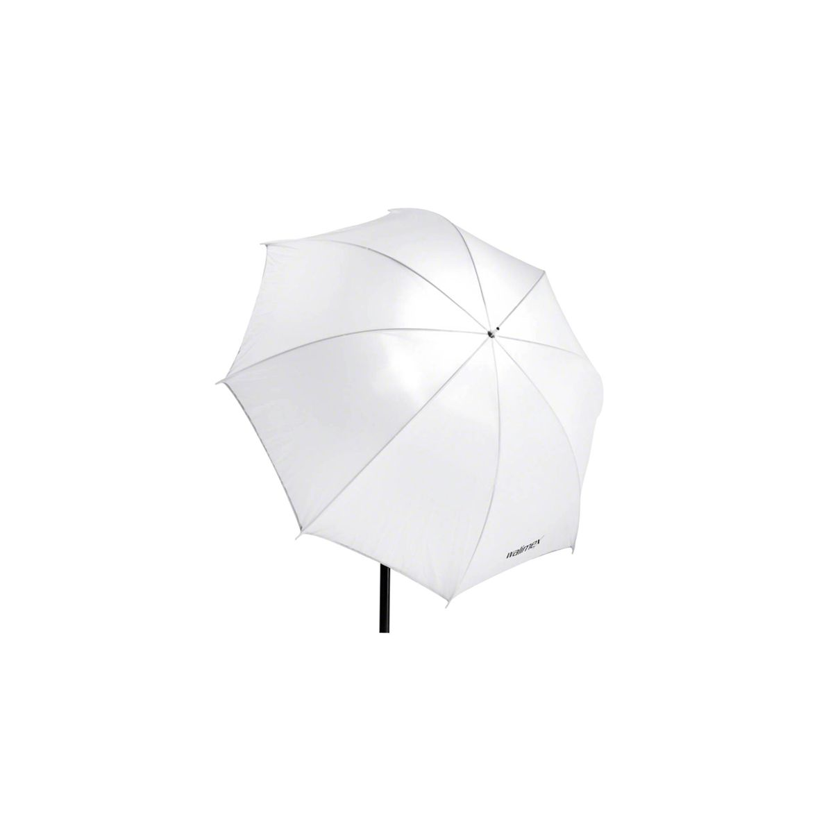 Ein weißer Regenschirm, geöffnet und nach oben gerichtet, mit schwarzem Griff und Logo auf dem Stoff.