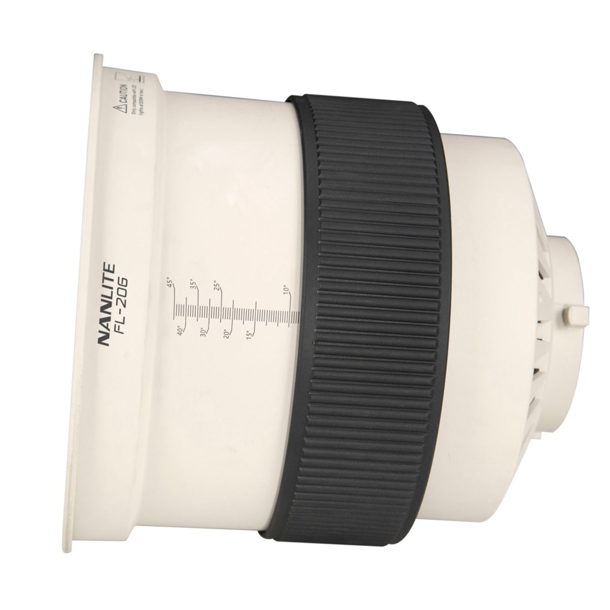 Un accessorio per lente Fresnel Nanlite FL-20G bianco con ghiera di messa a fuoco in gomma nera, vista laterale.