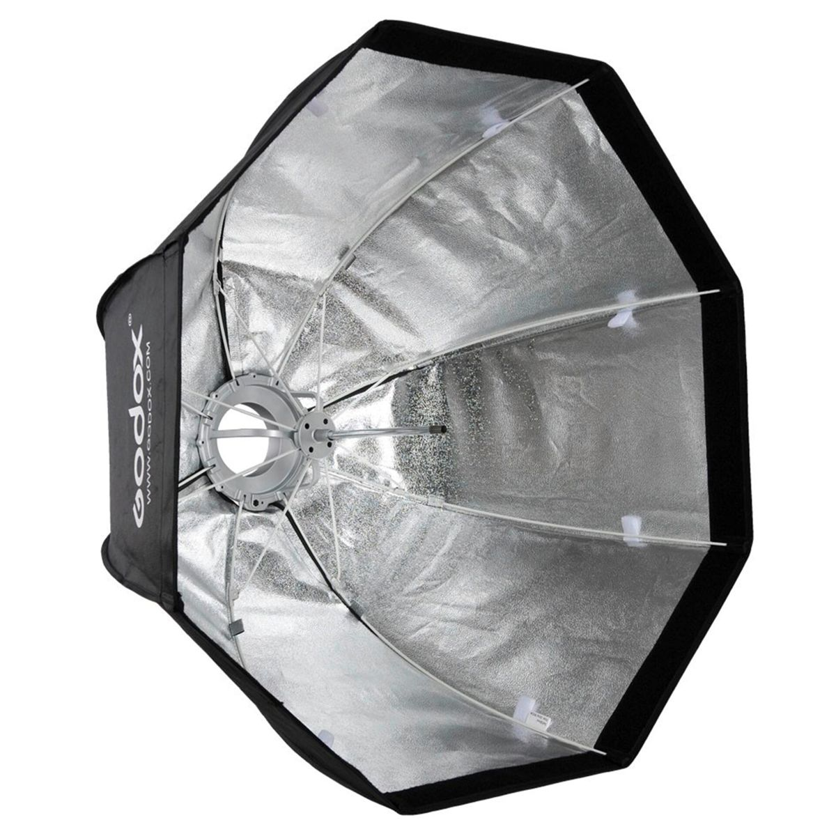 Schwarze und silberne achteckige Softbox mit silbernem Innenraum, offen und nach oben zeigend.