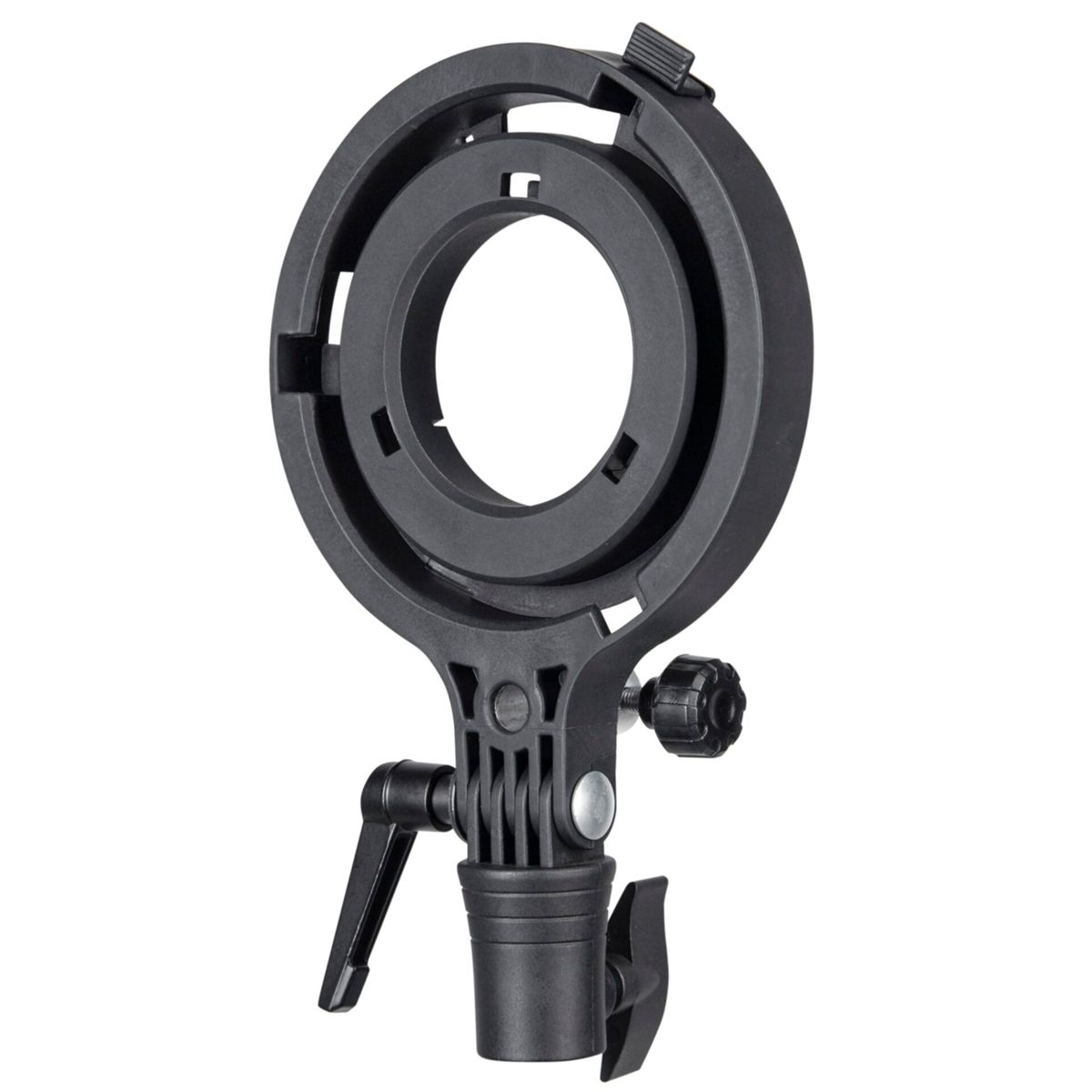 Supporto per luce da studio circolare nero. Ha una forma ad anello con un braccio e una manopola regolabili.