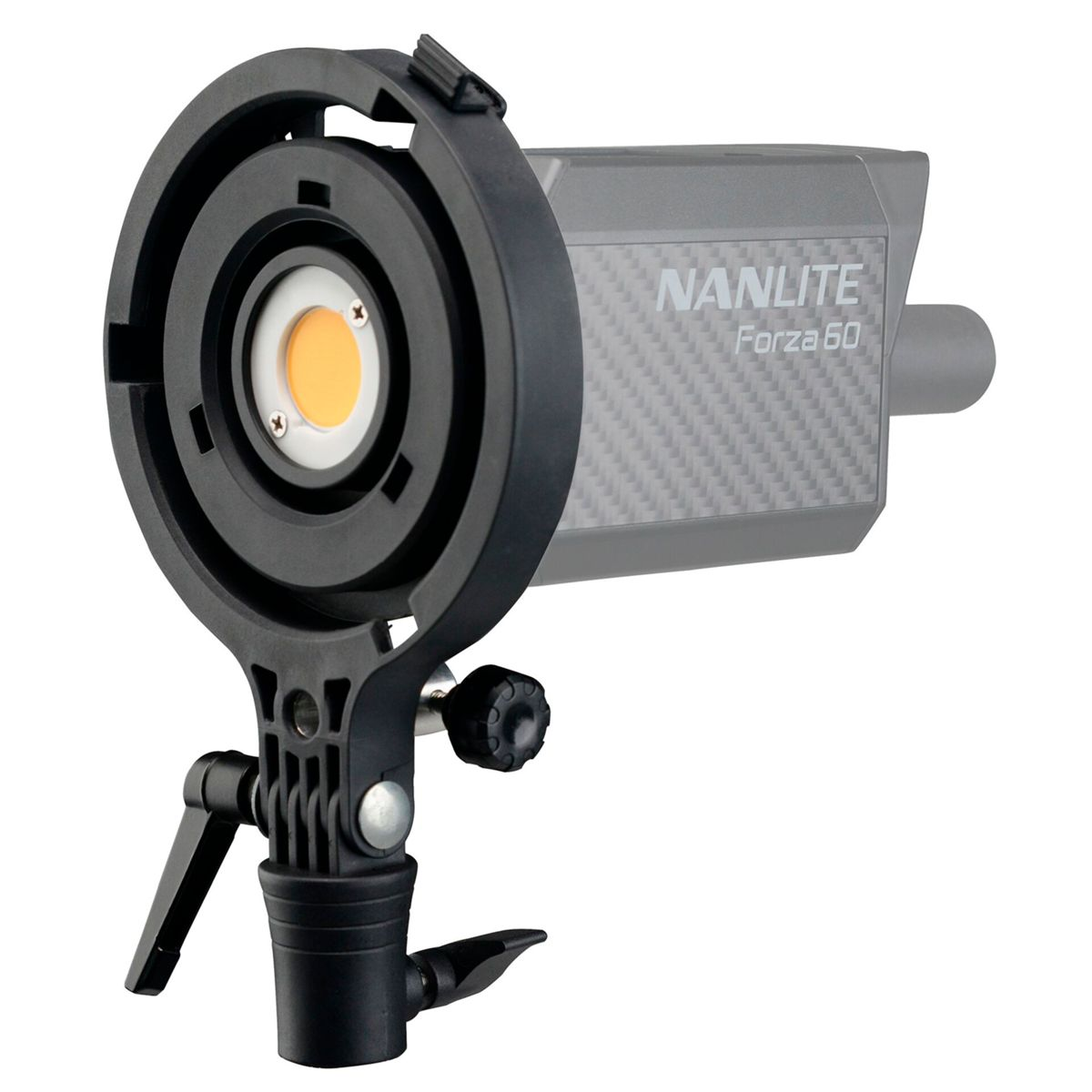 Luce Nanlite Forza 60 nera e grigia con un attacco circolare, posizionata su uno sfondo bianco.