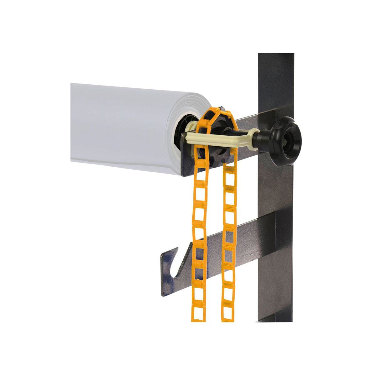 Papierrollen-Spender an einem schwarzen Rahmen montiert. Eine Kette hängt von der Rolle.