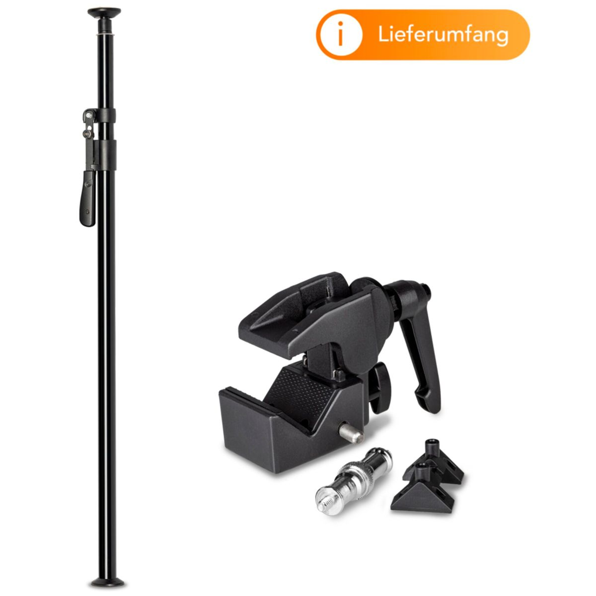 Schwarze Stange mit Klemme und anderem Zubehör auf weißem Hintergrund.