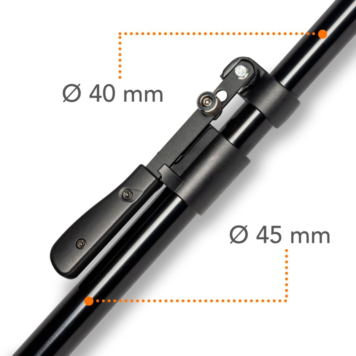 Nahaufnahme einer schwarzen Stange mit Maßen: 40 mm und 45 mm.