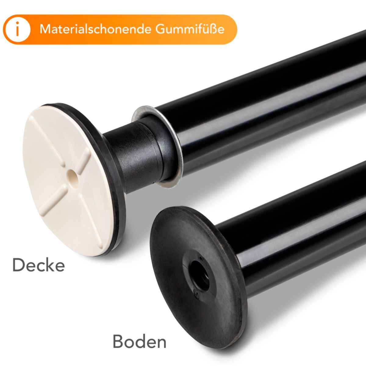 Zwei schwarze, verstellbare Spannstangen mit Gummifüßen, eine auf dem Boden und eine ausgefahren.