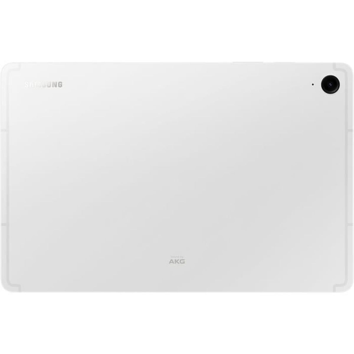Weißes Tablet-Gerät mit Samsung-Logo und AKG-Markenzeichen auf der Rückseite, mit einer Kamera oben rechts.