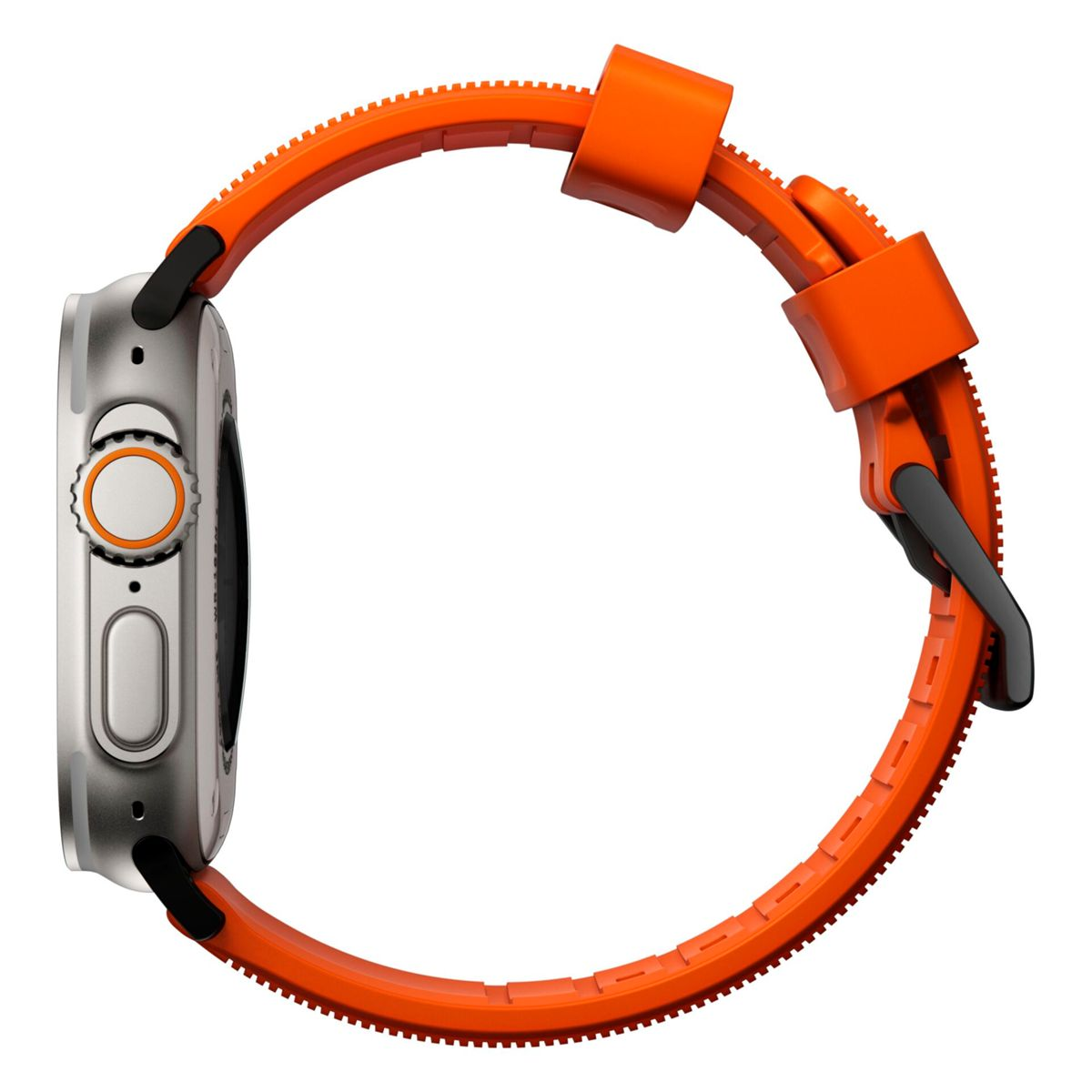 Eine silberne Smartwatch mit orangefarbenem Armband, Seitenansicht mit Knopf und Krone.