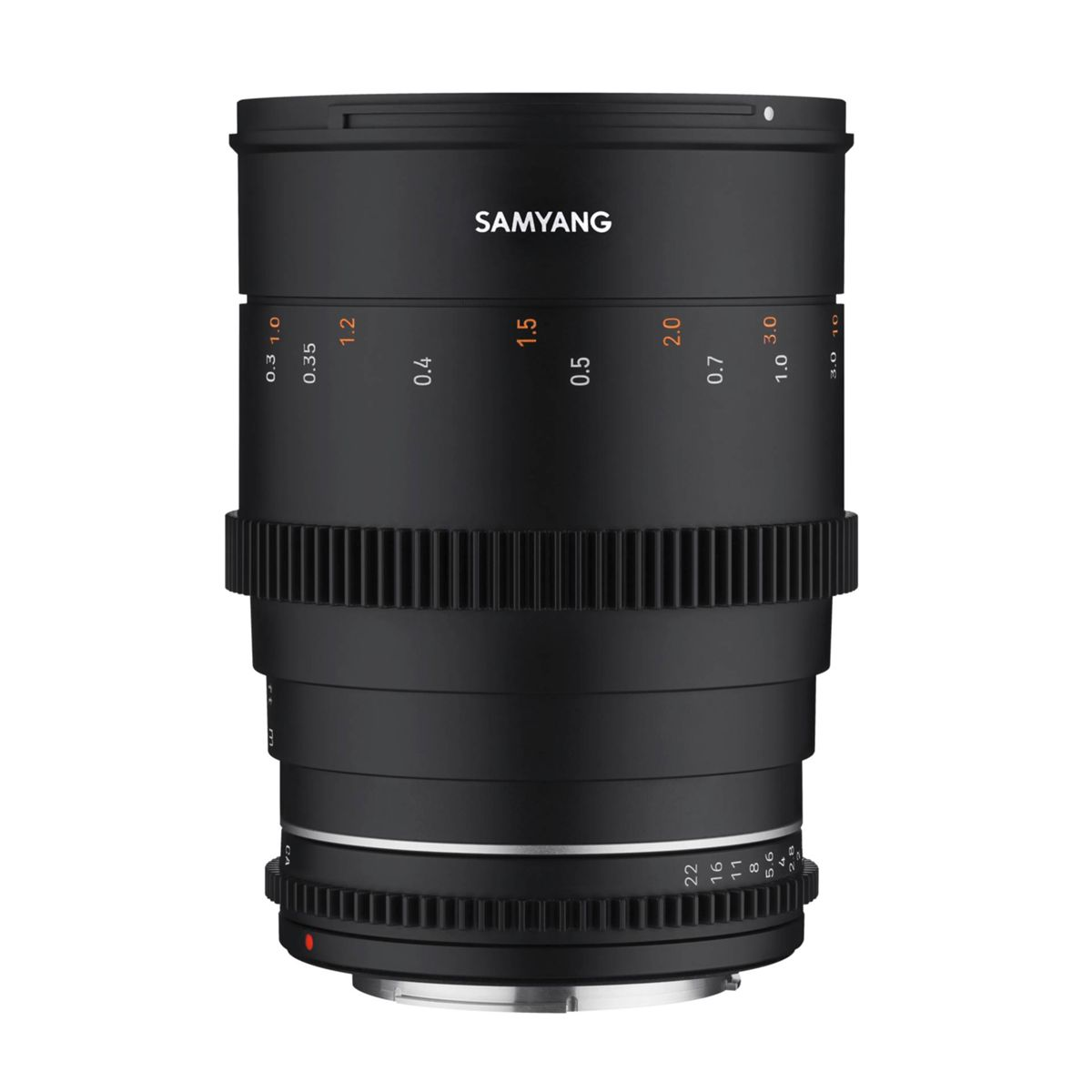 Czarny obiektyw Samyang z oznaczeniami odległości i czerwoną kropką.