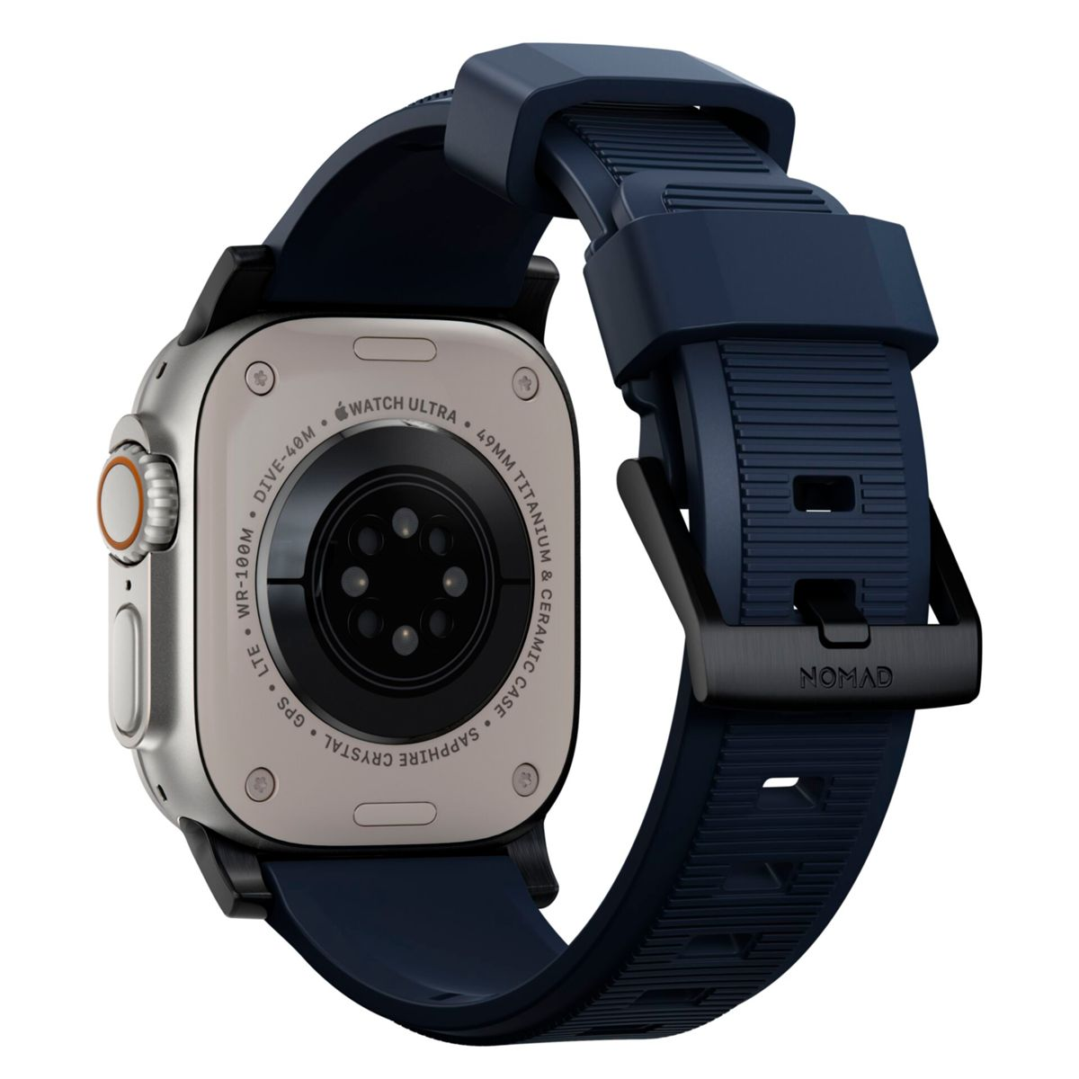 La parte posterior de un Apple Watch Ultra plateado con una correa deportiva azul.
