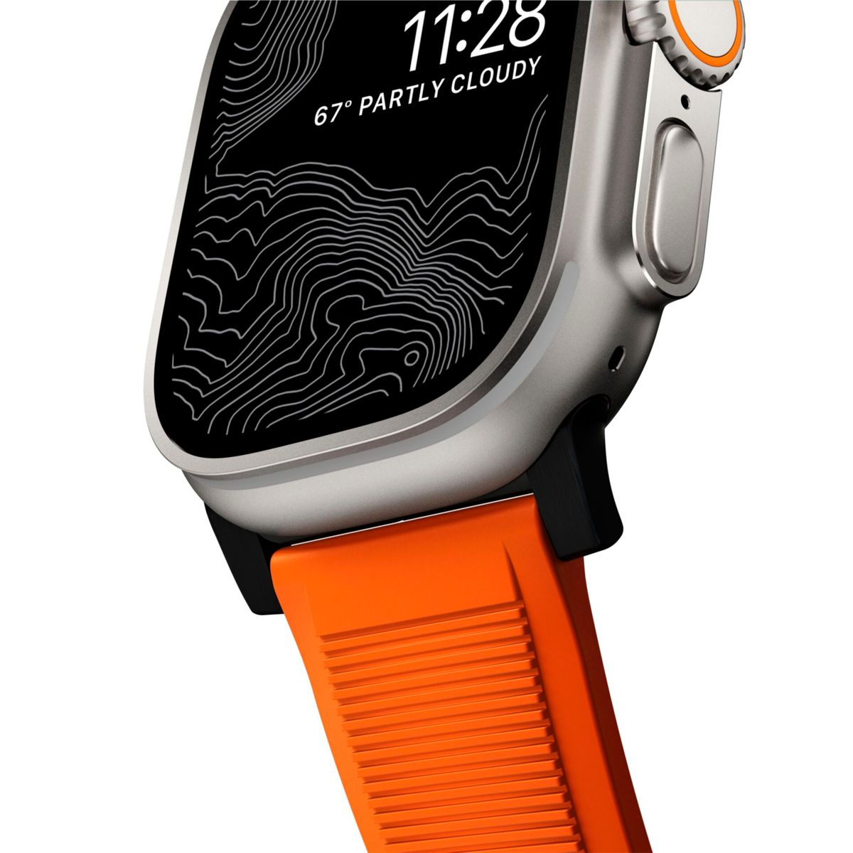 Nahaufnahme einer Apple Watch mit orangefarbenem Band. Zeigt die Uhrzeit und das Wetter.
