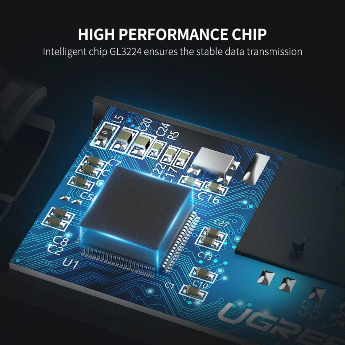 Zbliżenie niebieskiej płytki drukowanej z wysokowydajnym chipem oznaczonym 'GL3224'.