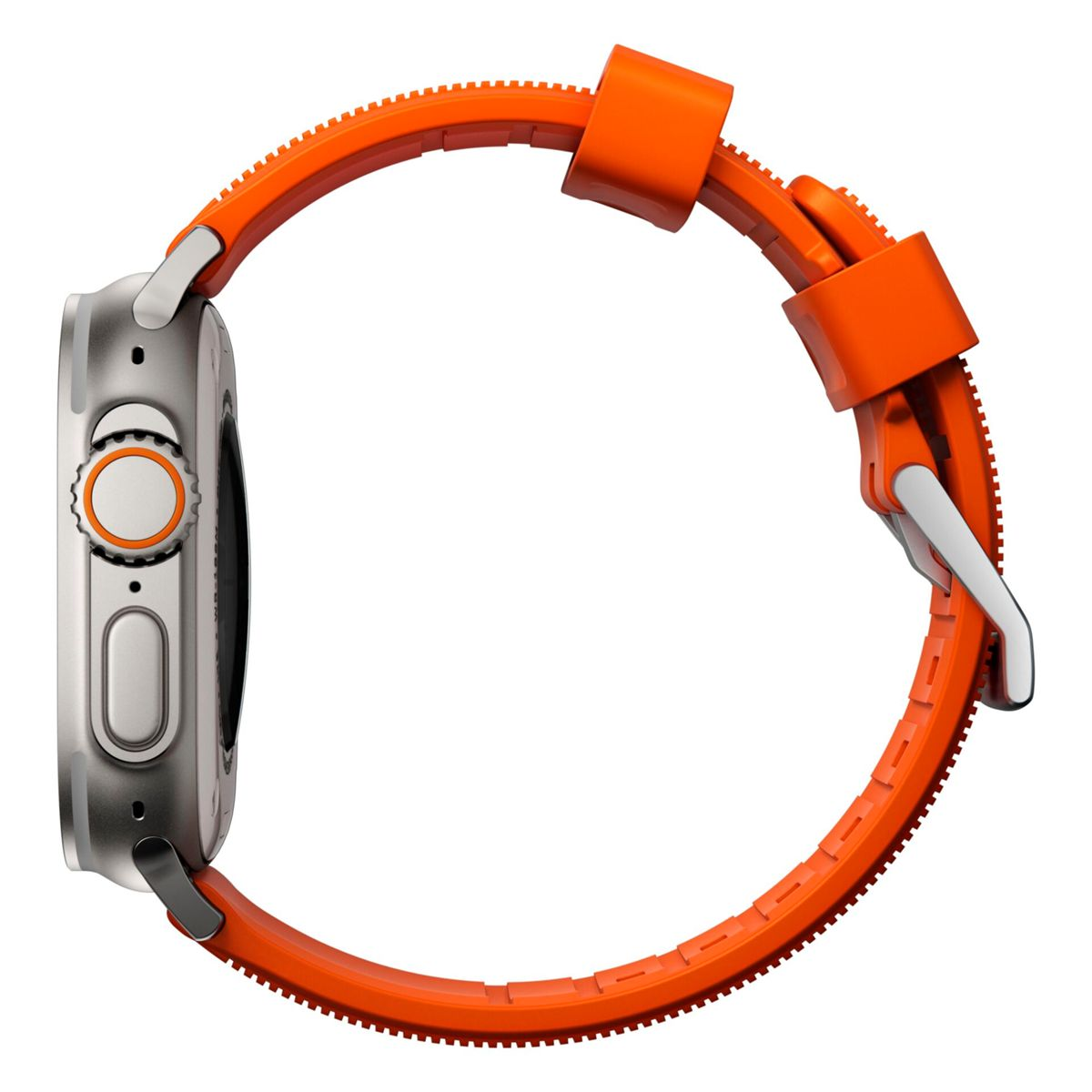 Un reloj inteligente plateado con una correa naranja. La correa tiene una hebilla.