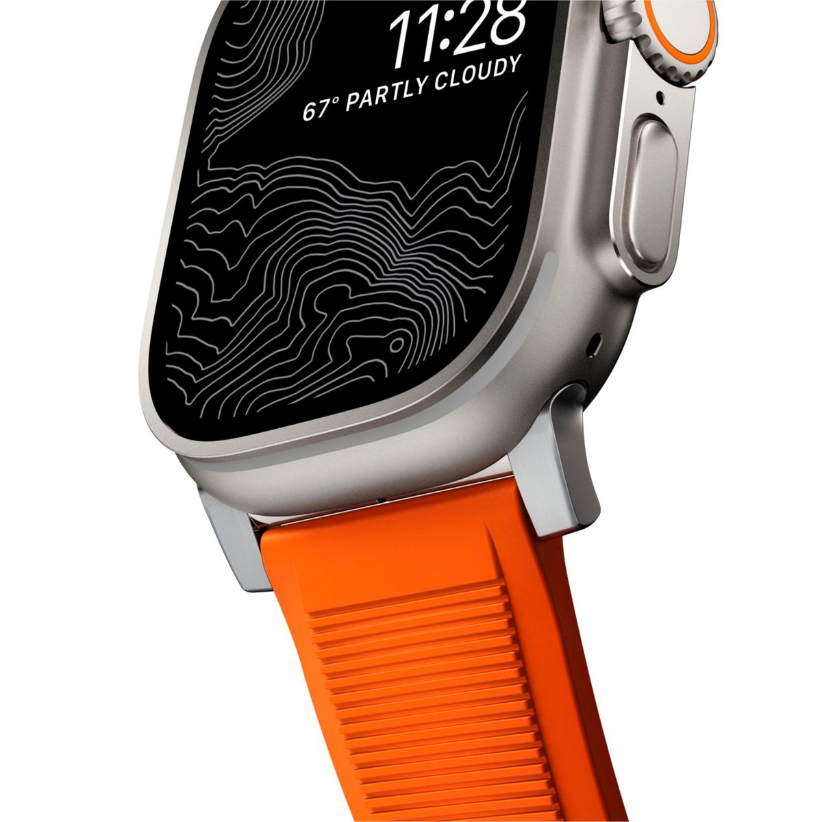 Primer plano de un smartwatch con correa naranja. La pantalla muestra un mapa.