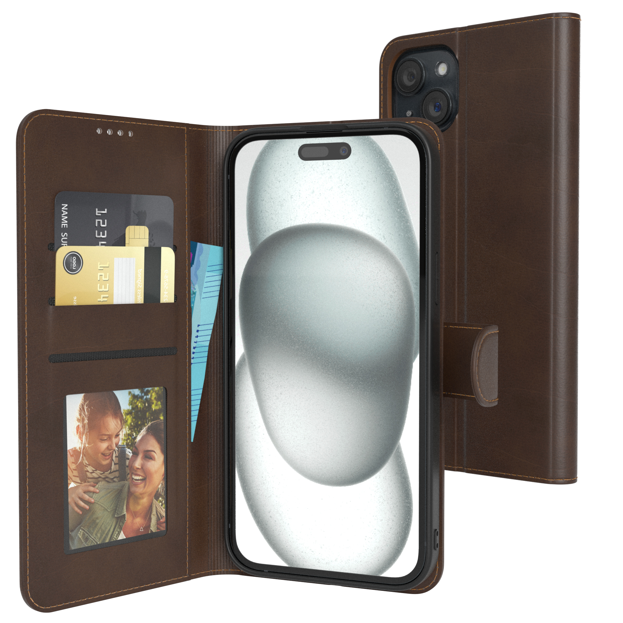 EAZY CASE Business Klapphülle iPhone mit und Sichtfenster, Dunkelbraun Bookcover, 15 Kartenfach Plus, Apple
