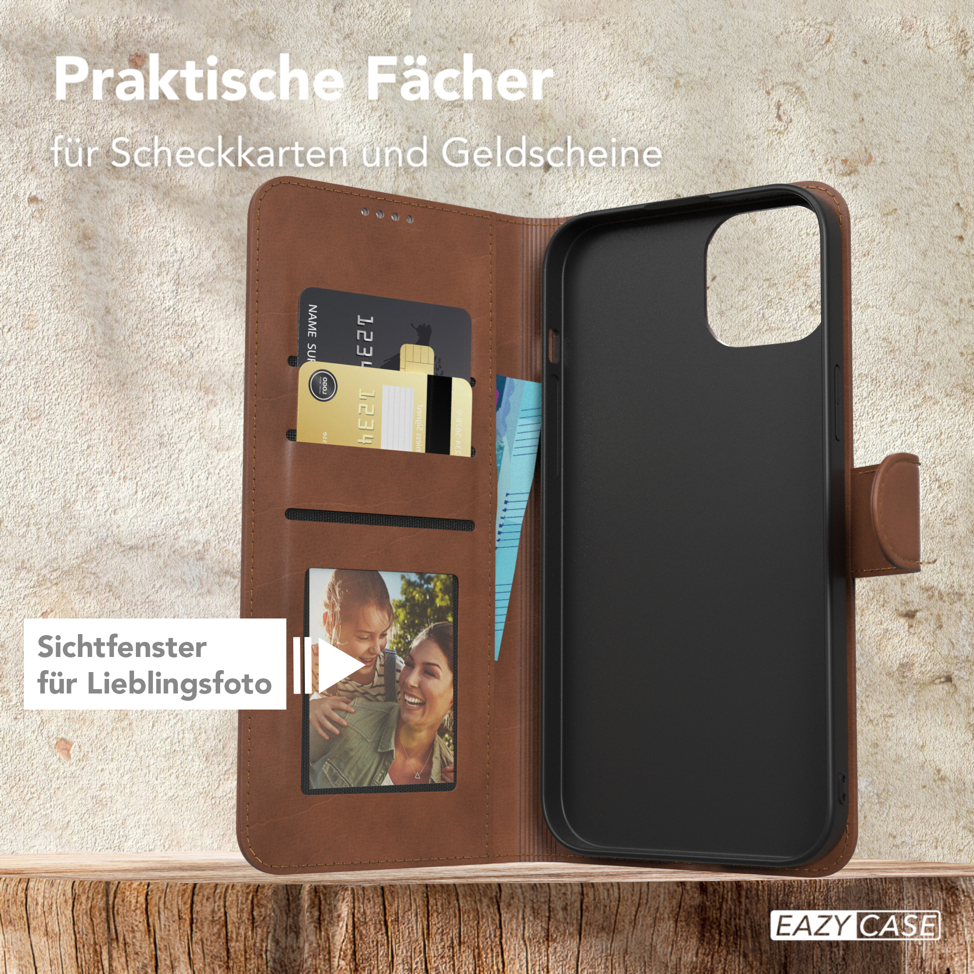 Offene braune Leder-Handyhülle mit Karten und Foto. Text: "Praktische Fächer" und "Fotofenster".