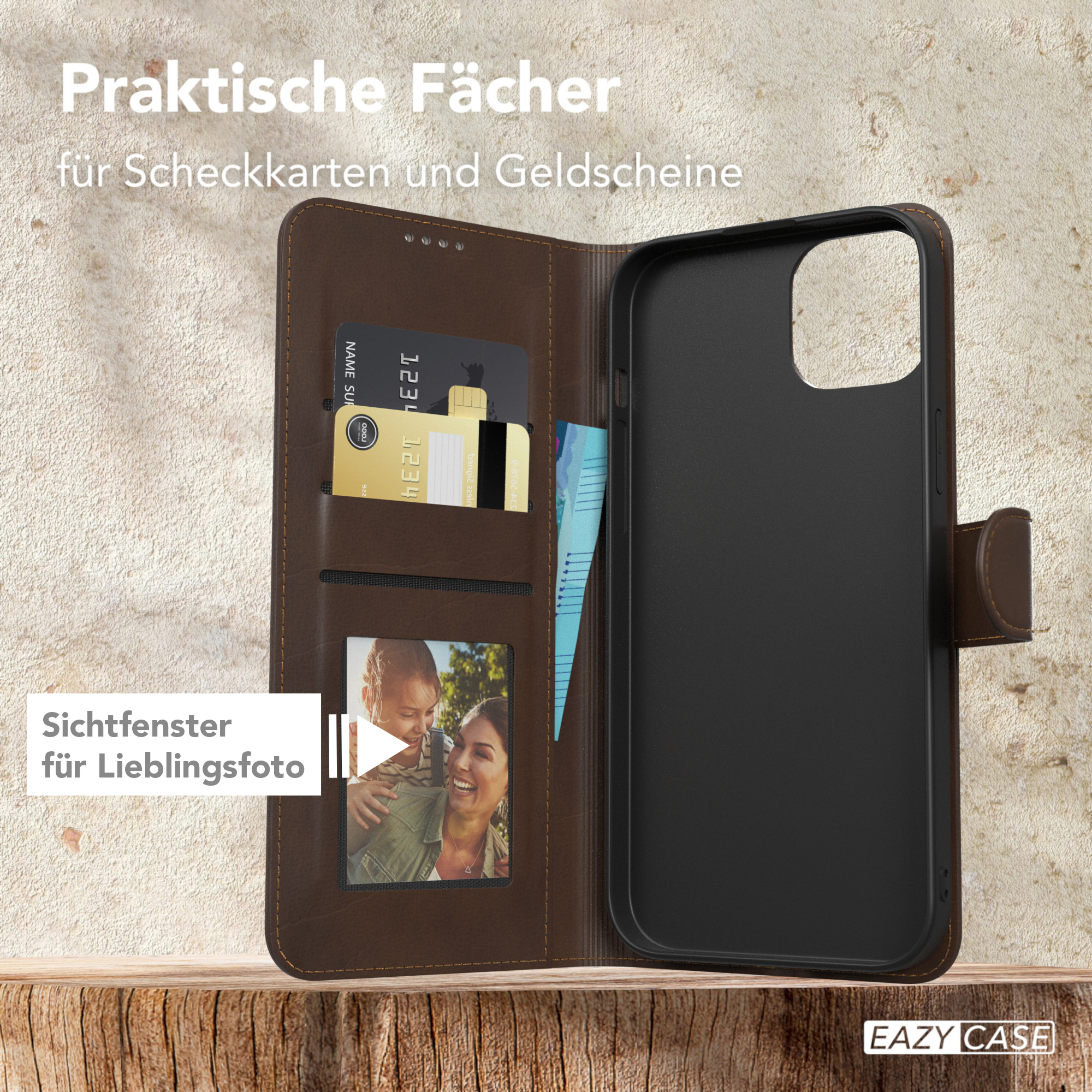 Eine offene braune Leder-Handyhülle mit Fächern für Karten, Geld und ein Foto.