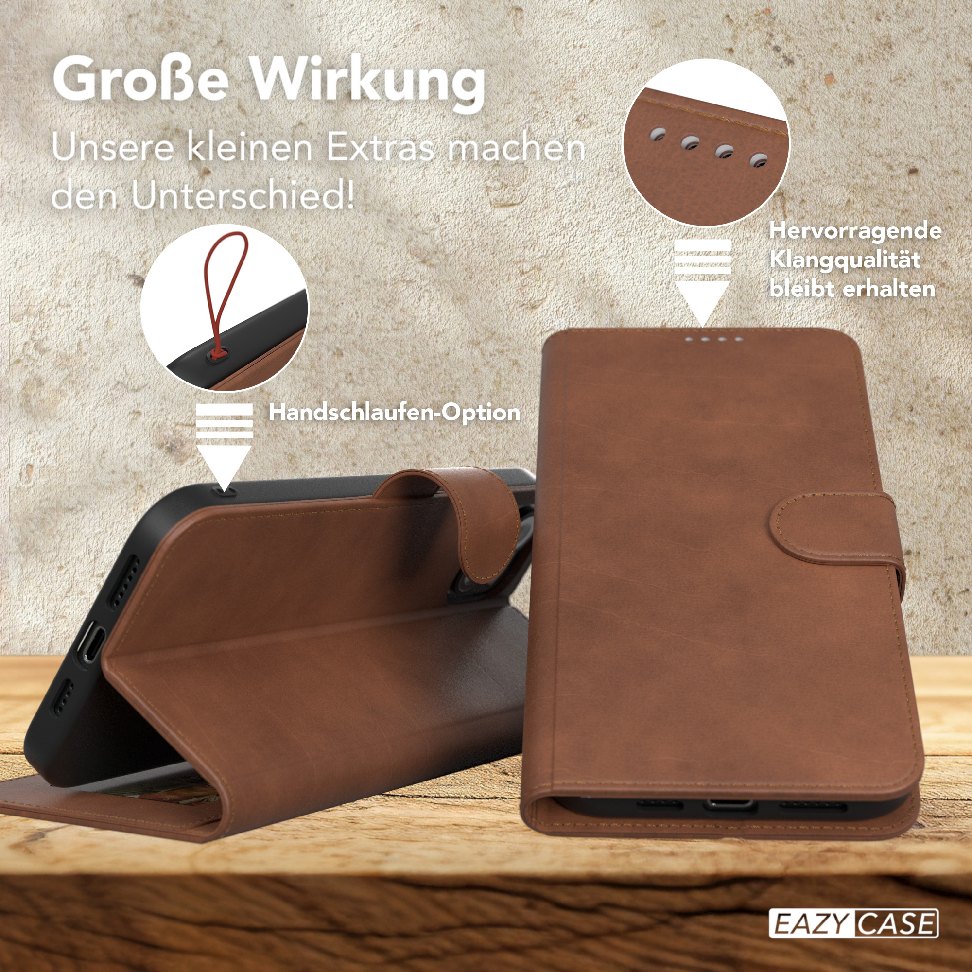 Eine braune Leder-Handyhülle mit Telefon. Text erwähnt 'EAZY CASE' und Klangqualität.