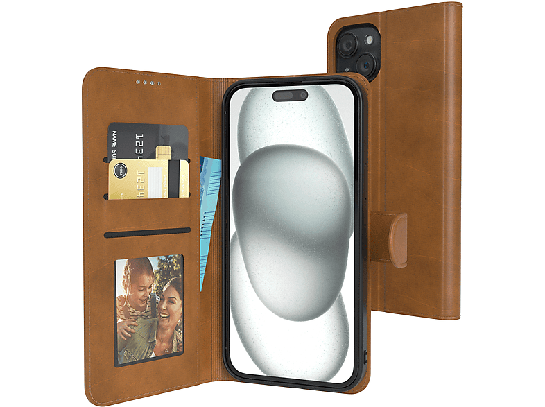 EAZY CASE Business Hellbraun Plus, Apple, mit iPhone Klapphülle und 15 Bookcover, Kartenfach Sichtfenster