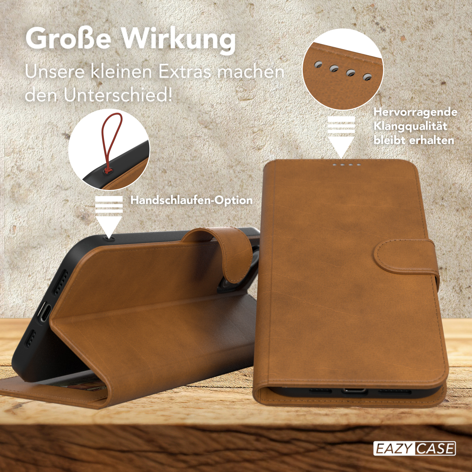 Braune Leder-Handyhülle, offen und geschlossen. Mit Handschlaufe und Magnetverschluss.