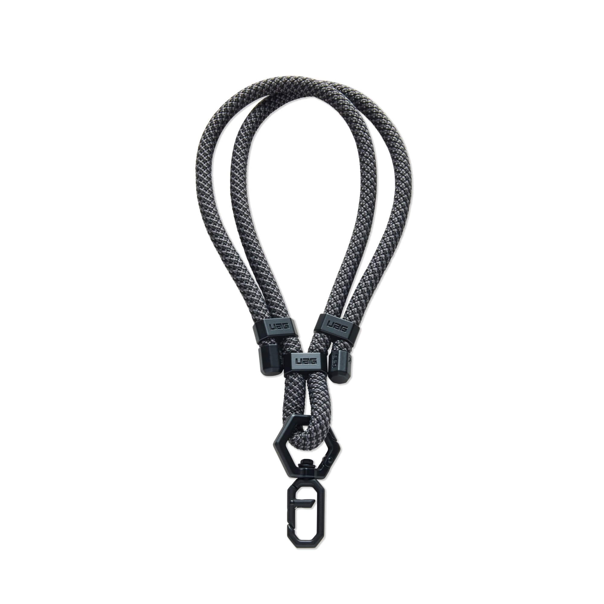 Schwarzes und graues Schlüsselband. Zwei Kordeln verbinden sich mit einem schwarzen sechseckigen Teil mit Karabiner.