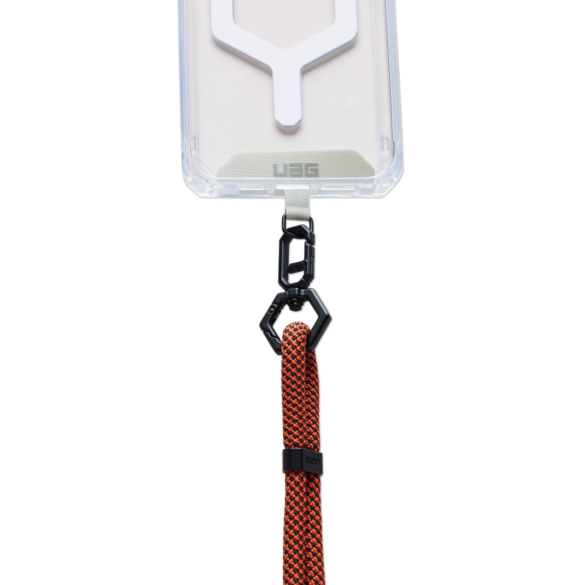 Transparente Handyhülle mit orangefarbenem und schwarzem Umhängeband. Schwarzer Karabiner verbindet das Band.