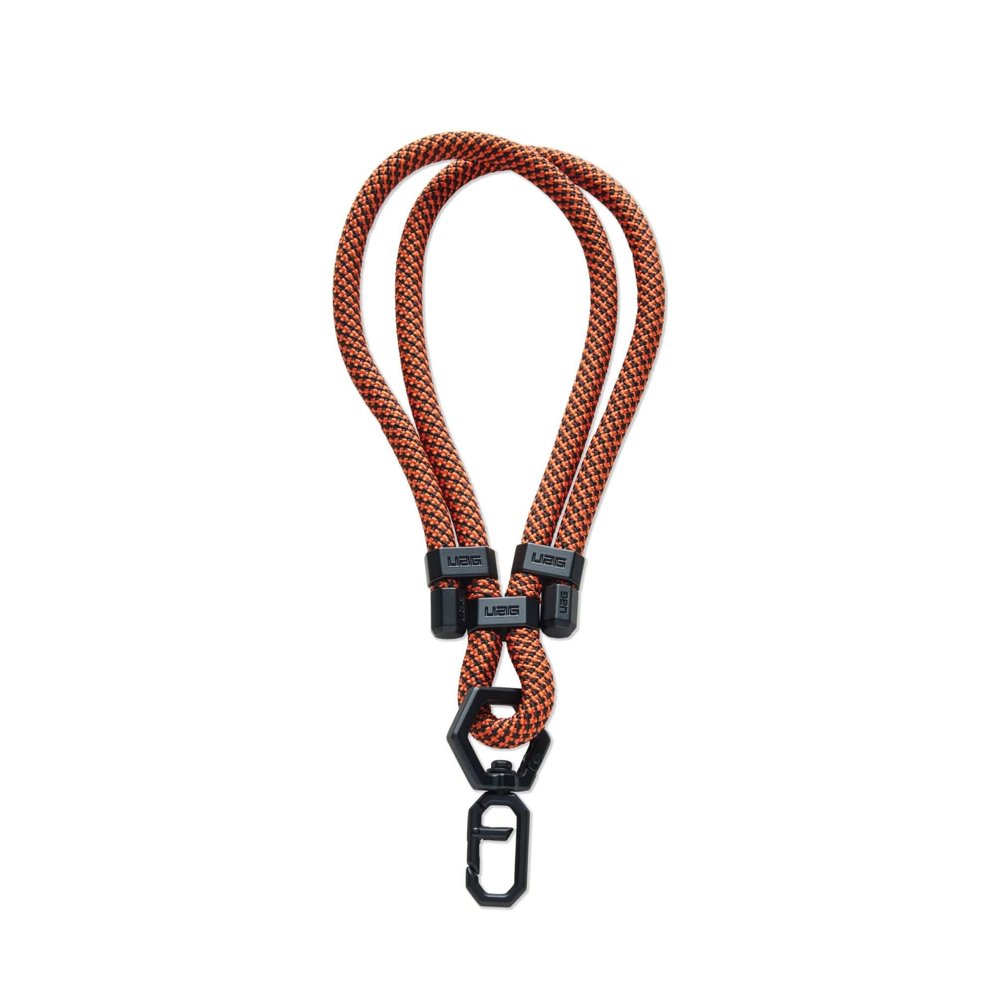 Orangenes und schwarzes Schlüsselband. Es hat zwei schwarze UAG-Clips und einen schwarzen Karabinerhaken.