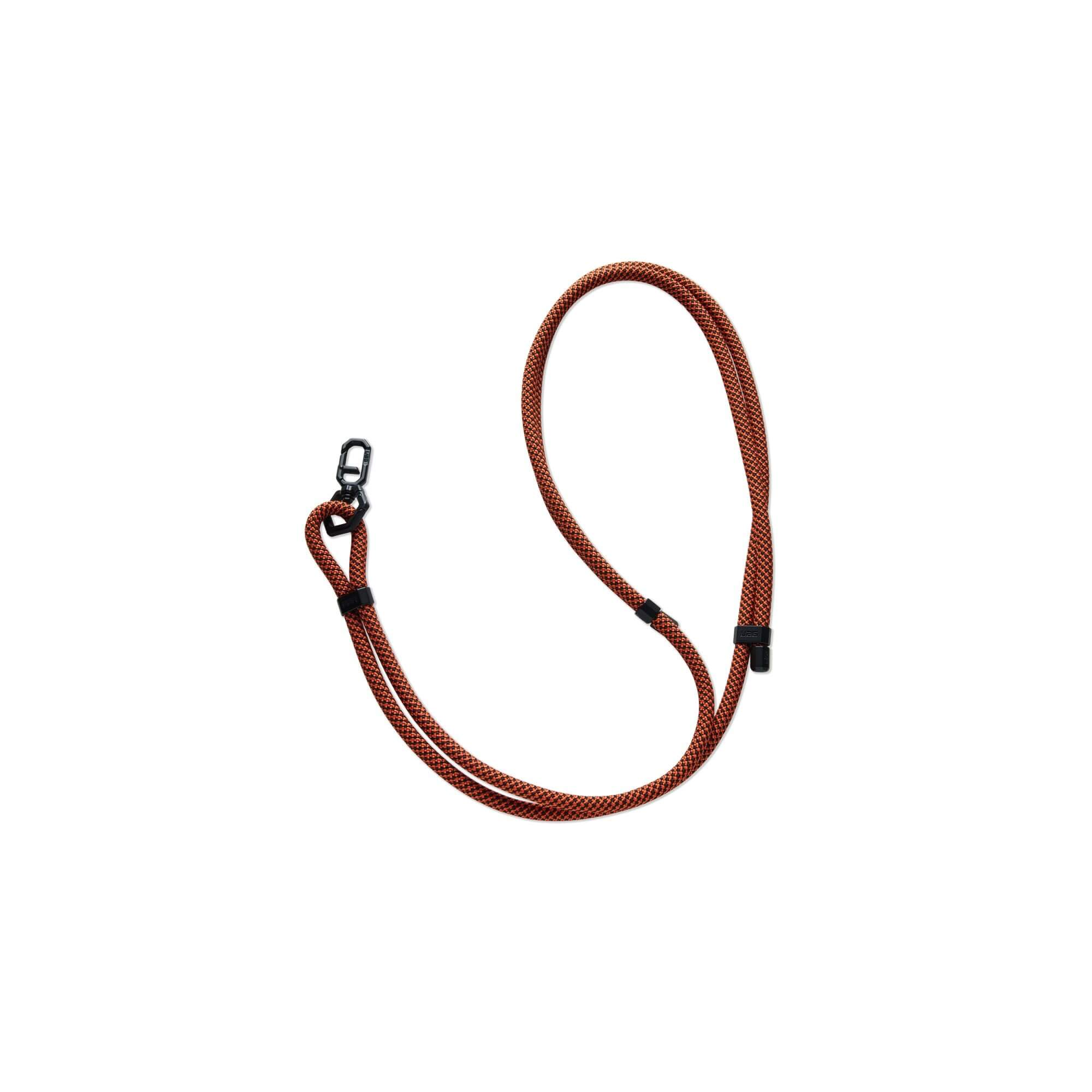 Ein braunes und orangefarbenes Handy-Lanyard mit schwarzem Verschluss auf weißem Hintergrund.