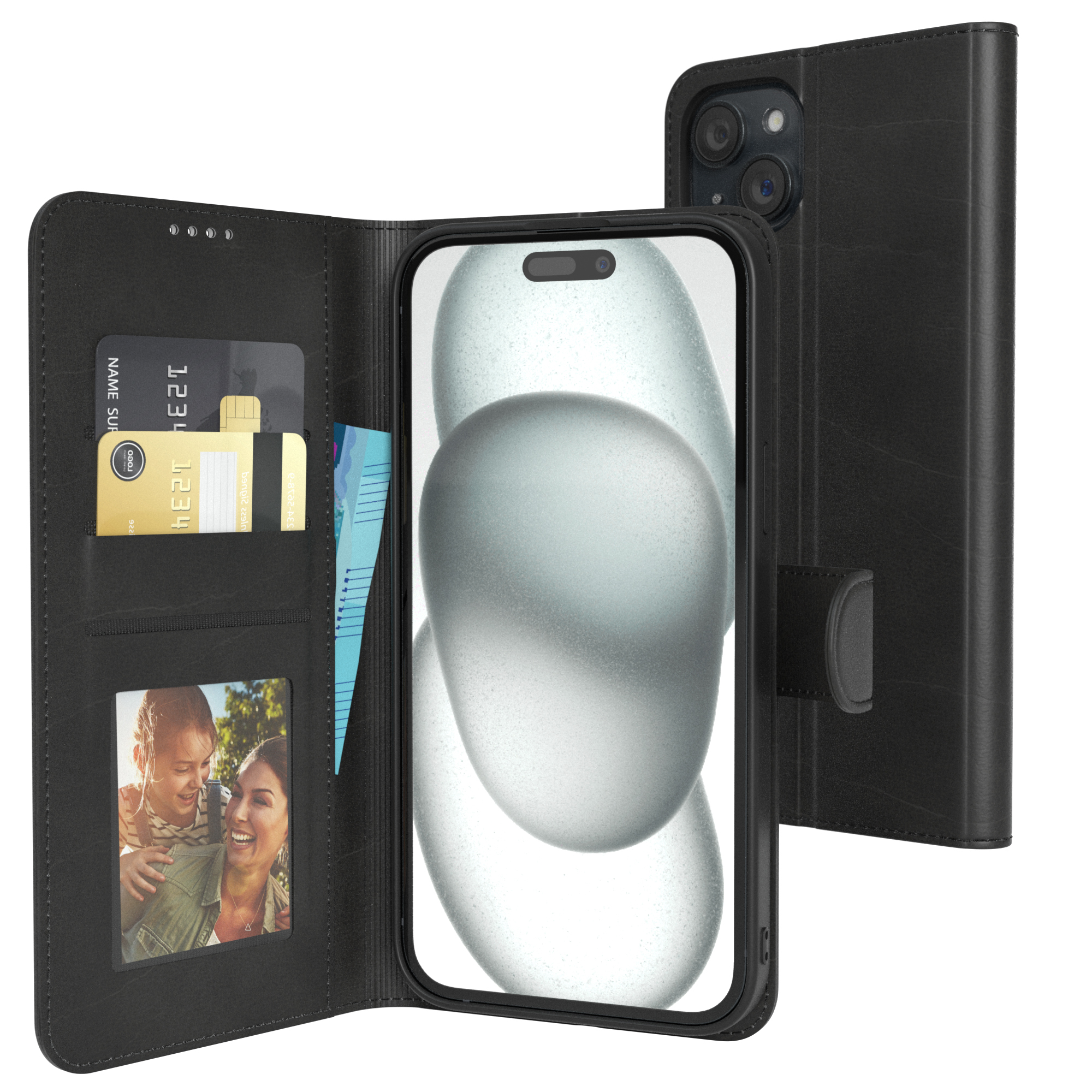 CASE Plus, Apple, EAZY Bookcover, und Sichtfenster, 15 iPhone Schwarz mit Klapphülle Business Kartenfach