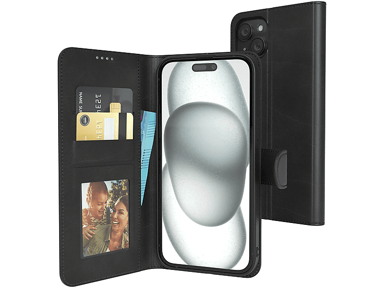 EAZY CASE Business Klapphülle mit iPhone Kartenfach Bookcover, und Apple, 15 Plus, Sichtfenster, Schwarz