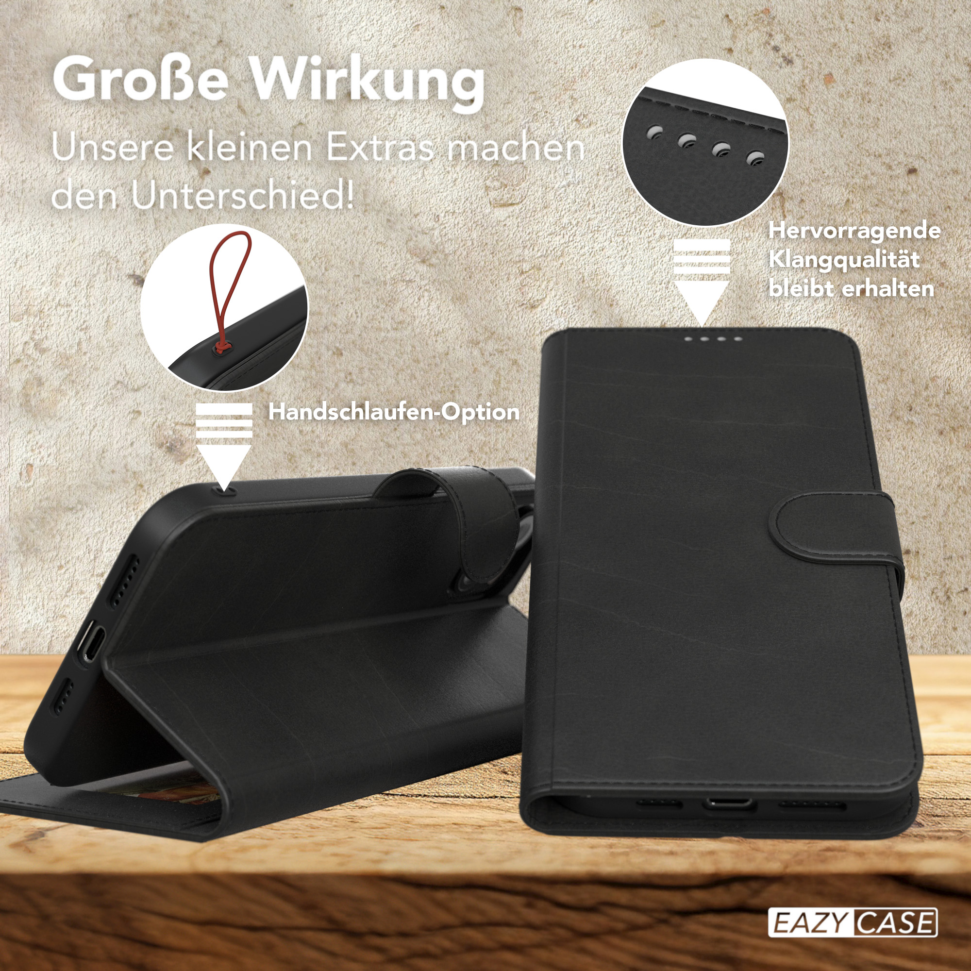 Schwarze Handyhülle mit Magnetverschluss, mit Handschlaufoption und Abdeckung.