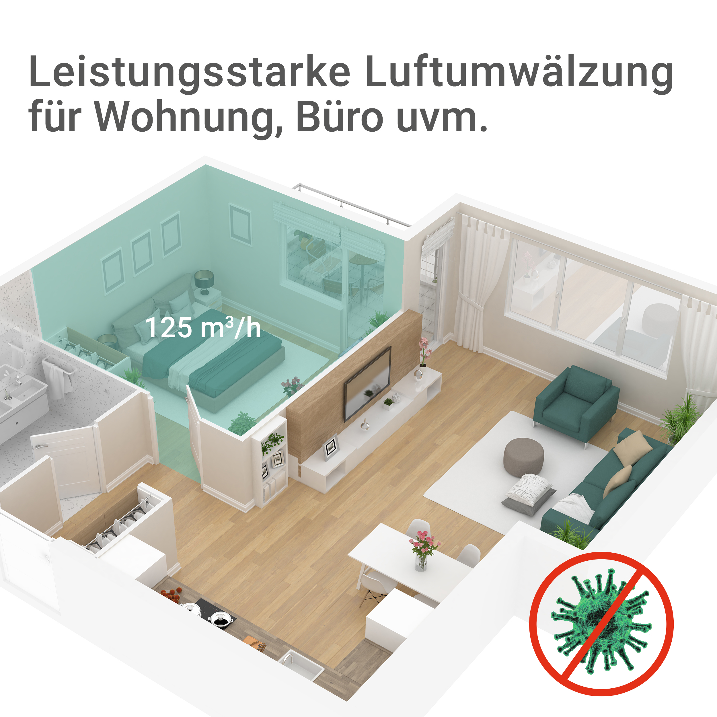 3D-Grundriss eines Hauses mit Wohnzimmer, Schlafzimmer und Küche sowie einem „kein Virus“-Symbol.