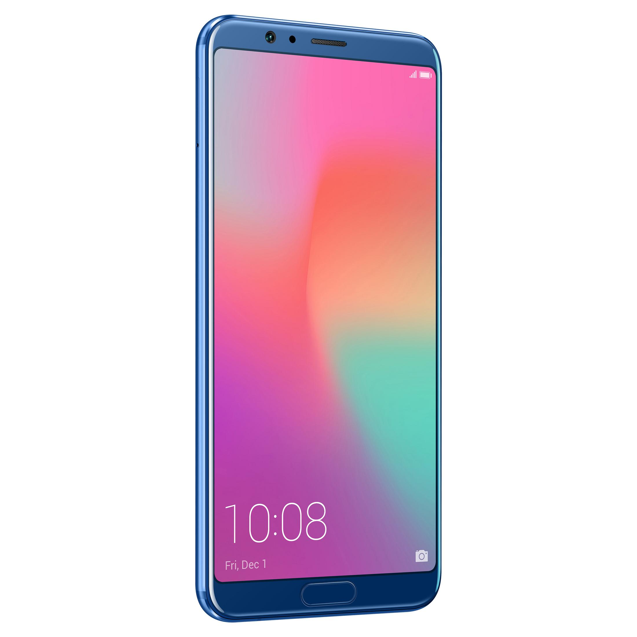 Blaues Smartphone mit einem rosa Farbverlauf-Bildschirm. Die Uhrzeit wird auf dem Bildschirm angezeigt.