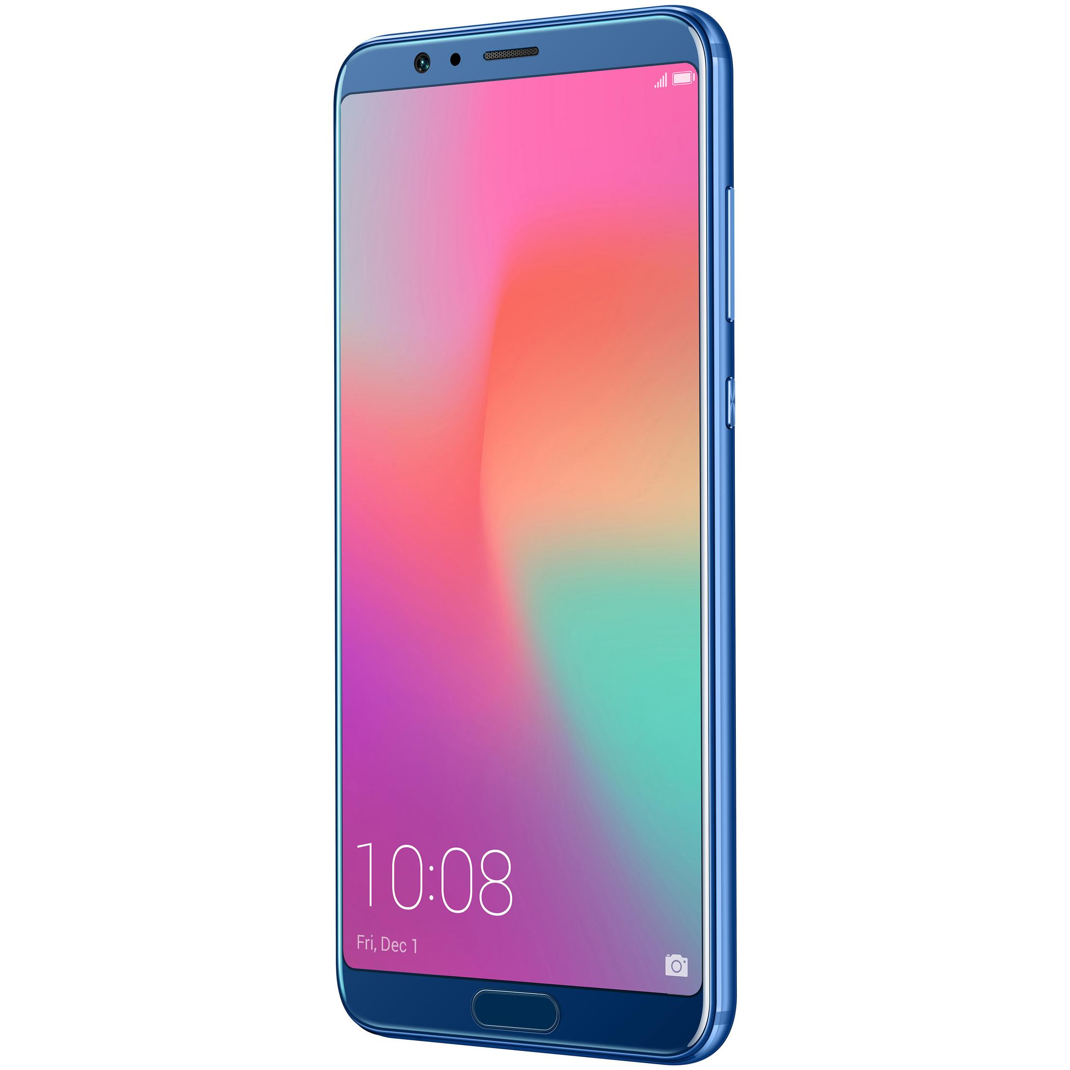 Blaues Smartphone mit farbenfrohem Bildschirm. Der Bildschirm zeigt Zeit und einen Farbverlauf.