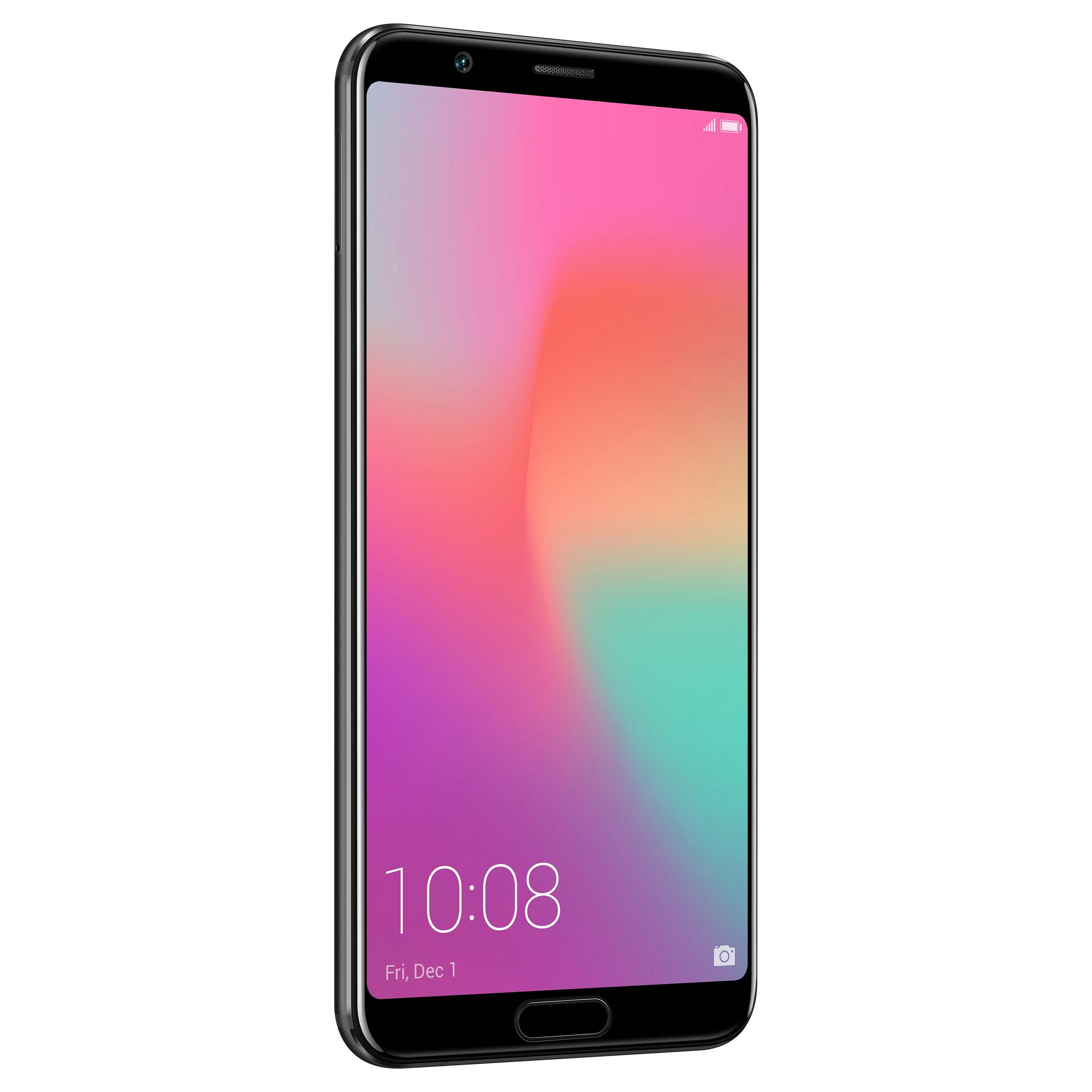 Smartphone negro con pantalla colorida, mostrando hora y fecha.